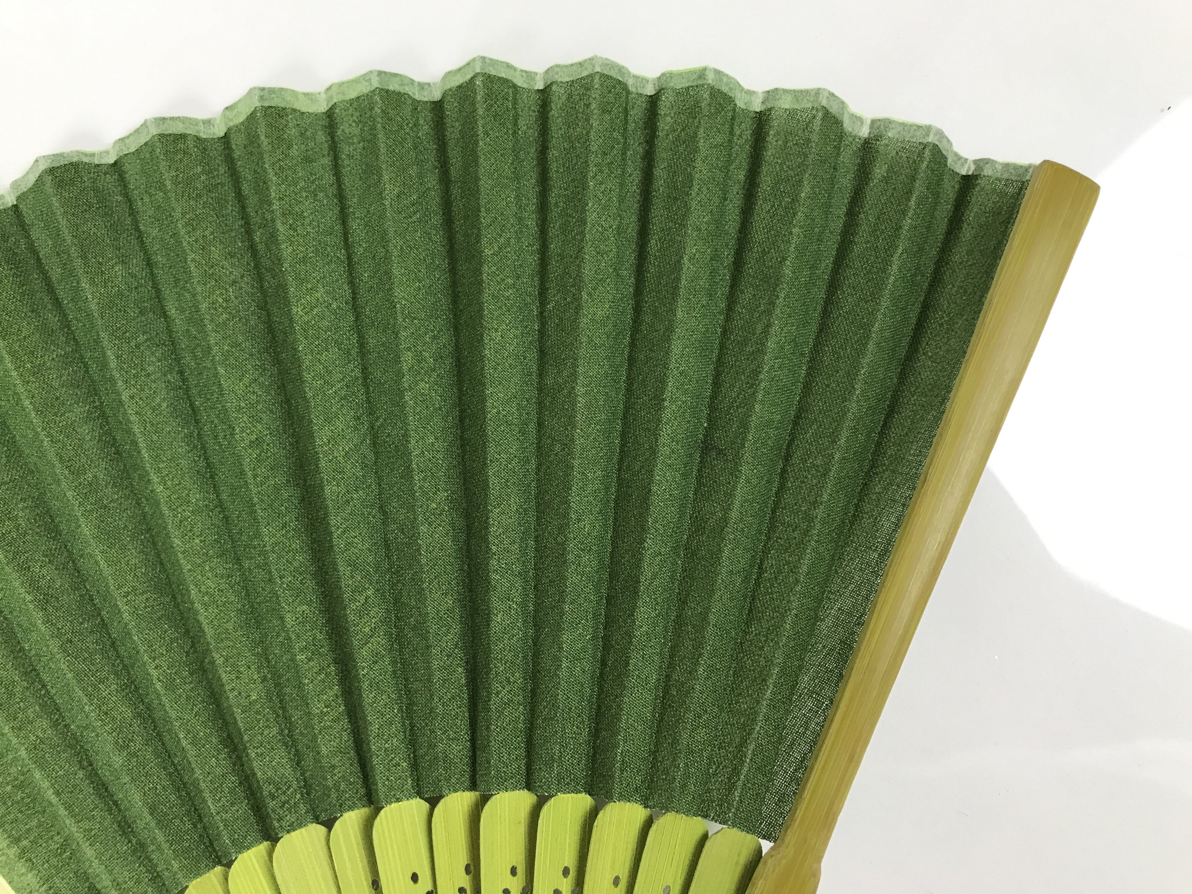 Japanese Fabric Folding Fan Sensu Vtg Bamboo Frame Light Dark Green Block 5D4