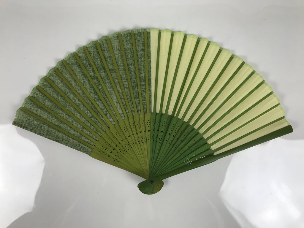 Japanese Fabric Folding Fan Sensu Vtg Bamboo Frame Light Dark Green Block 5D4