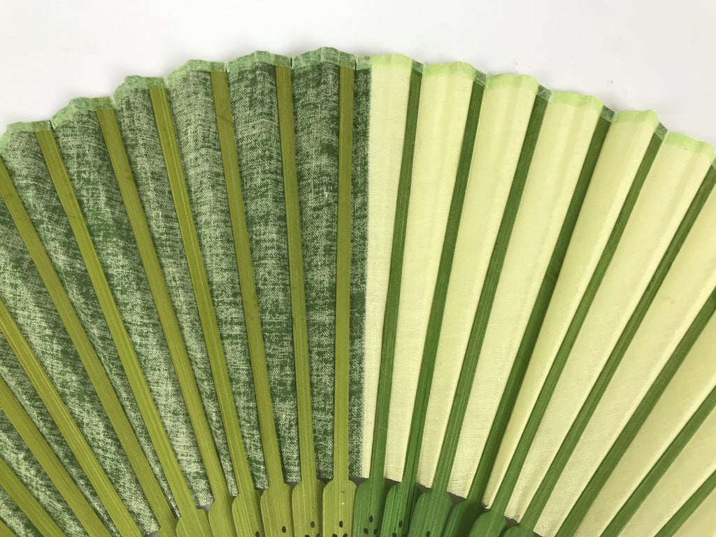 Japanese Fabric Folding Fan Sensu Vtg Bamboo Frame Light Dark Green Block 5D4