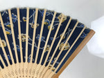 Japanese Fabric Folding Fan Sensu Vtg Bamboo Frame Navy Blue Yellow Flower 4D919