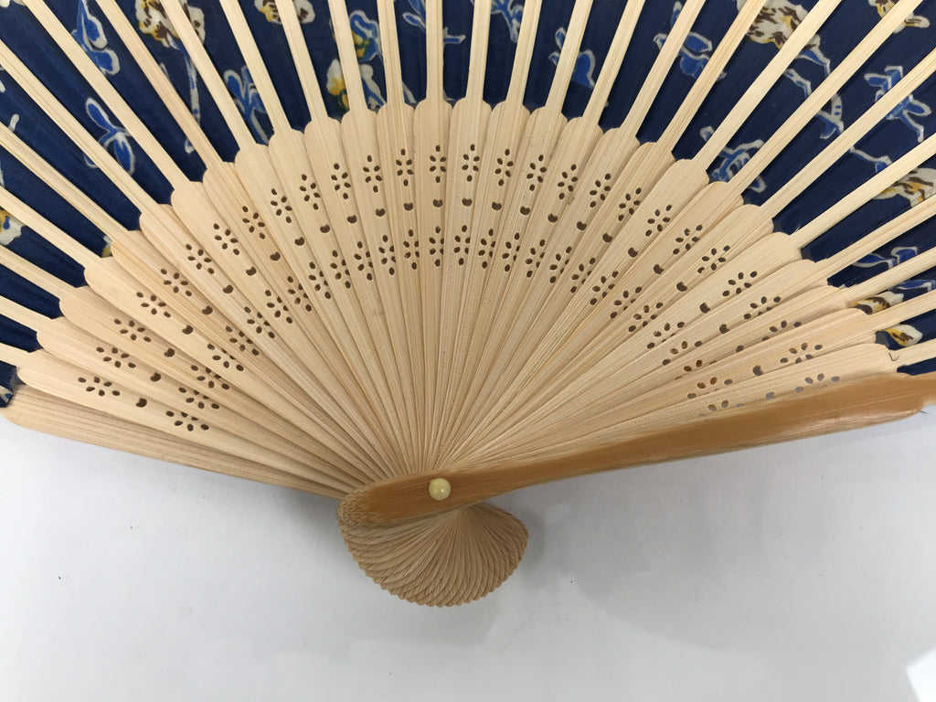 Japanese Fabric Folding Fan Sensu Vtg Bamboo Frame Navy Blue Yellow Flower 4D919