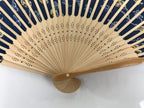 Japanese Fabric Folding Fan Sensu Vtg Bamboo Frame Navy Blue Yellow Flower 4D919