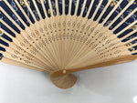 Japanese Fabric Folding Fan Sensu Vtg Bamboo Frame Navy Blue Yellow Flower 4D919