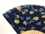 Japanese Fabric Folding Fan Sensu Vtg Bamboo Frame Navy Blue Yellow Flower 4D919