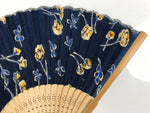 Japanese Fabric Folding Fan Sensu Vtg Bamboo Frame Navy Blue Yellow Flower 4D919