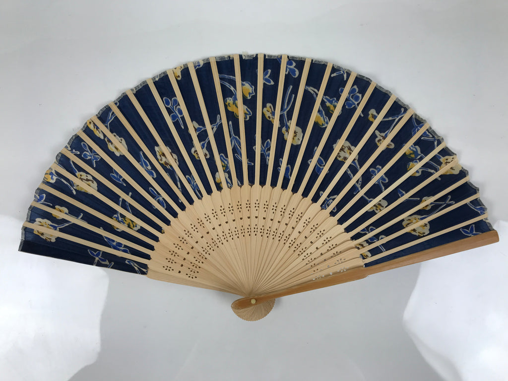 Japanese Fabric Folding Fan Sensu Vtg Bamboo Frame Navy Blue Yellow Flower 4D919