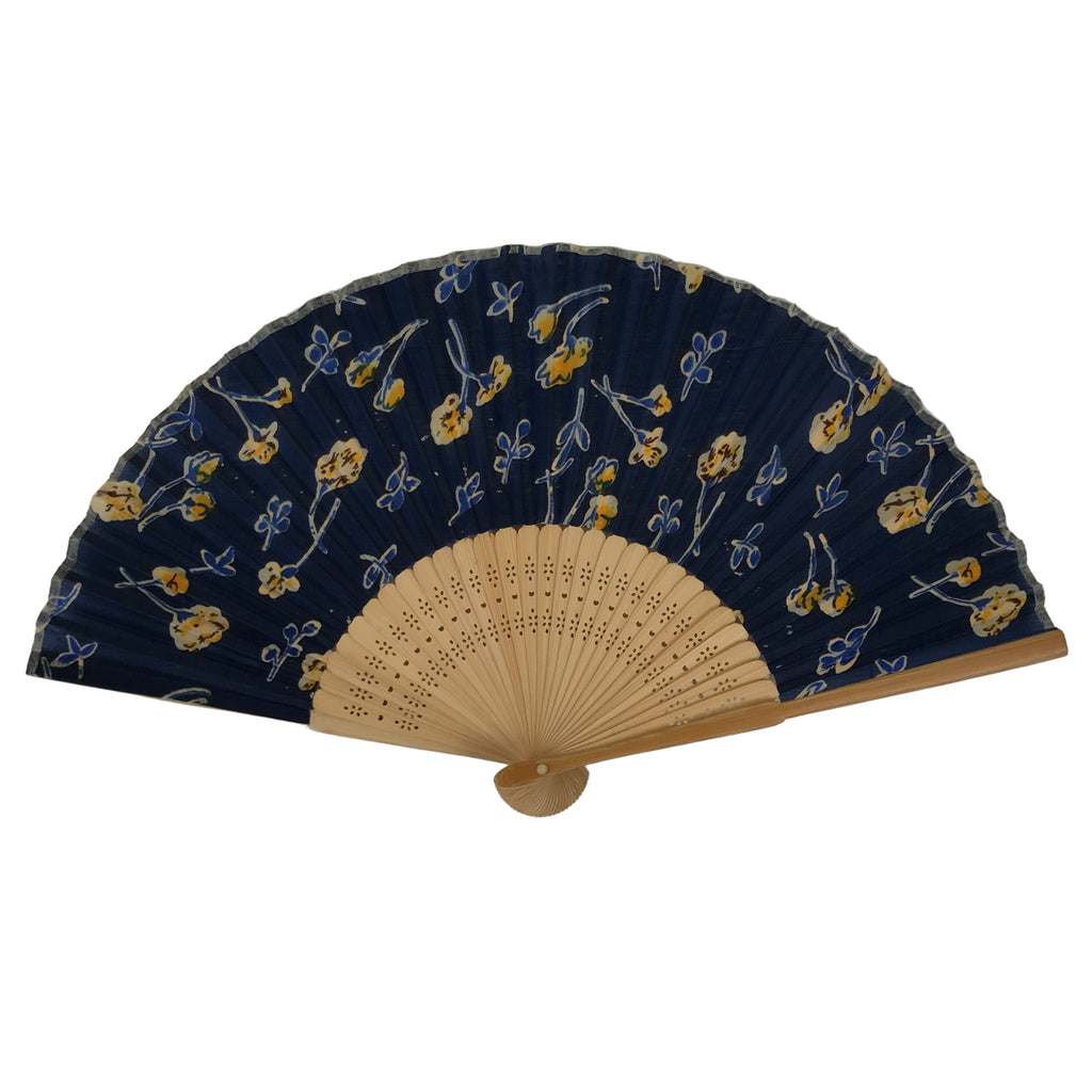 Japanese Fabric Folding Fan Sensu Vtg Bamboo Frame Navy Blue Yellow Flower 4D919