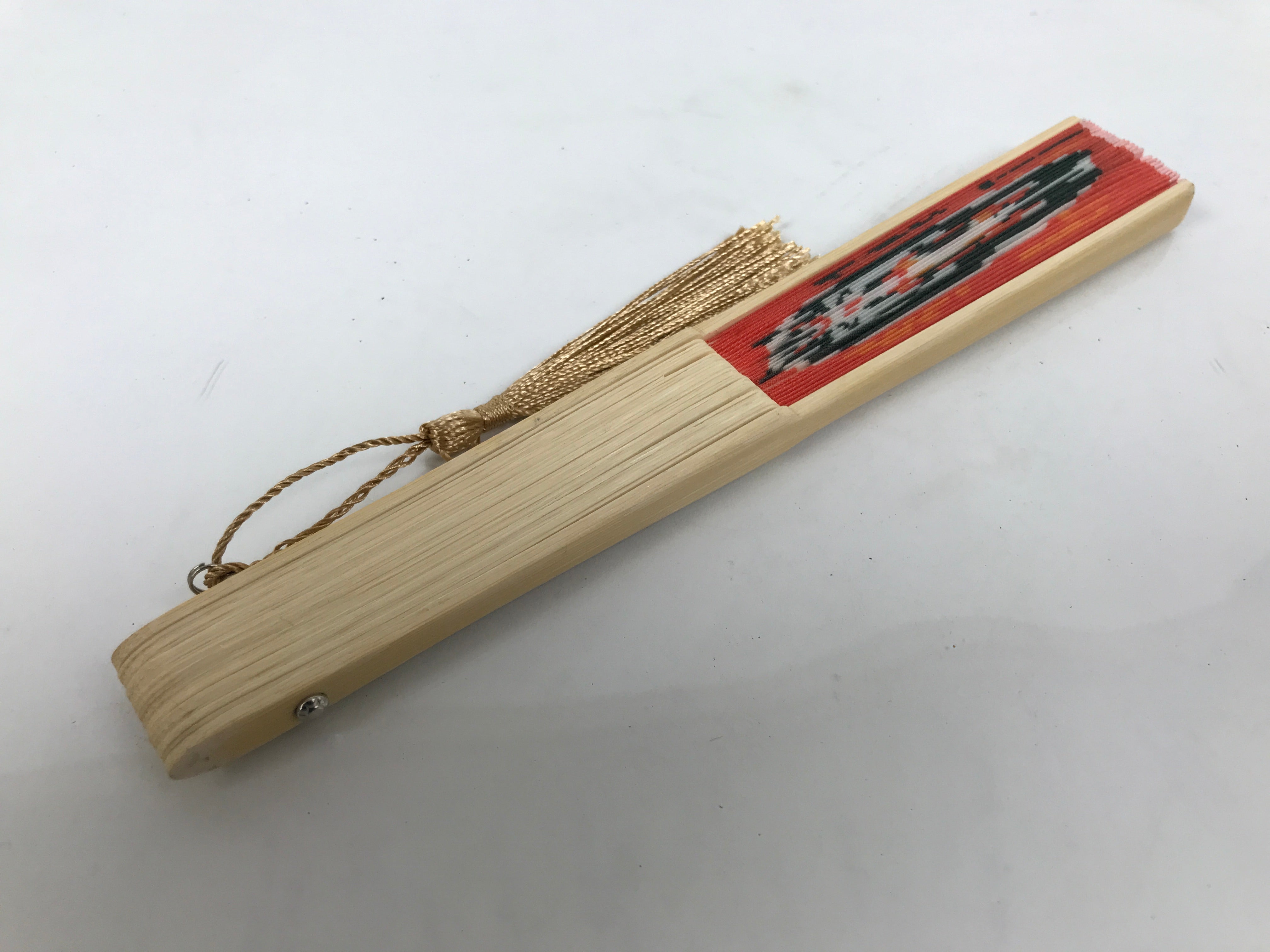 Japanese Fabric Folding Fan Sensu Vtg Bamboo Frame Red Daruma Good Luck 4D921