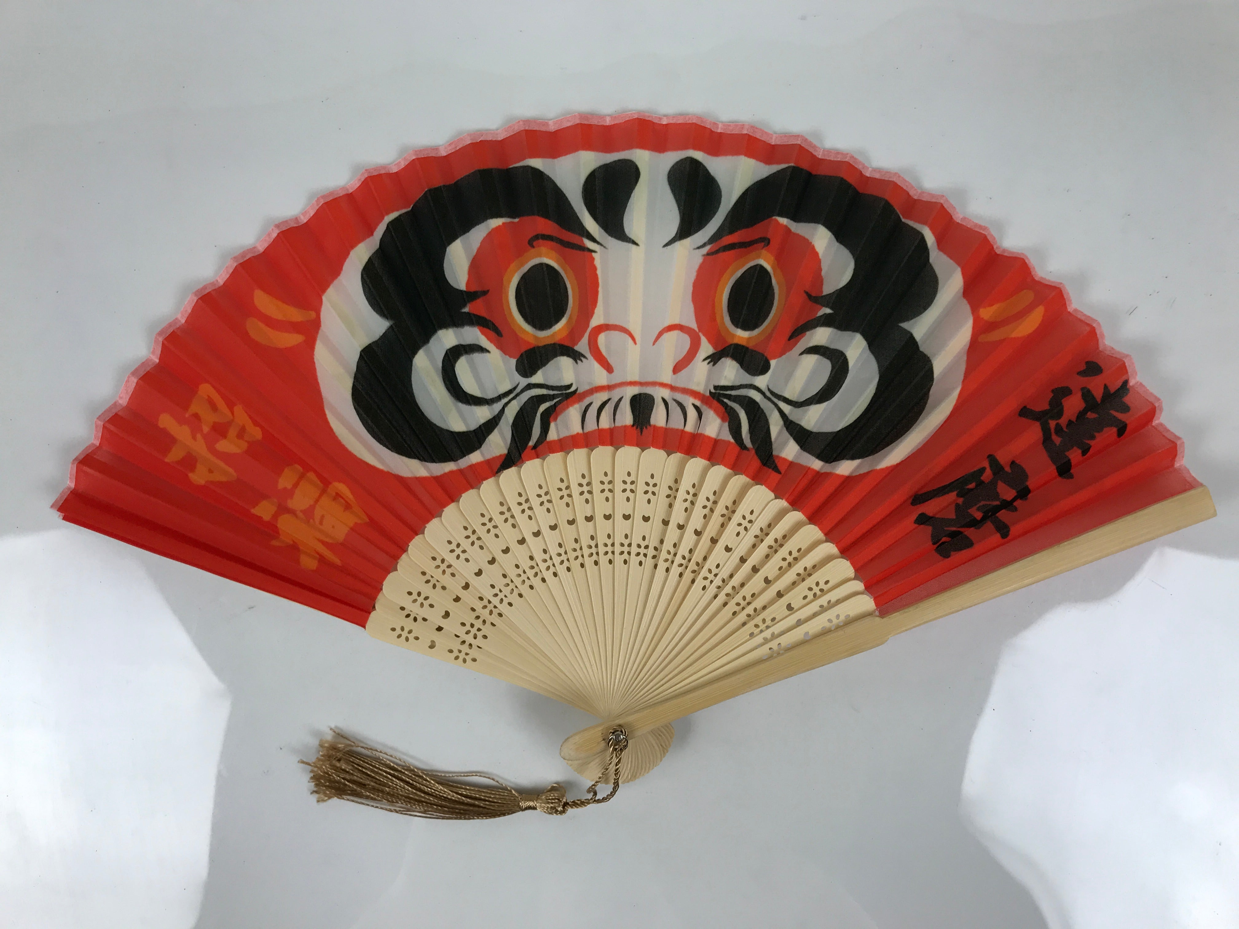 Japanese Fabric Folding Fan Sensu Vtg Bamboo Frame Red Daruma Good Luck 4D921