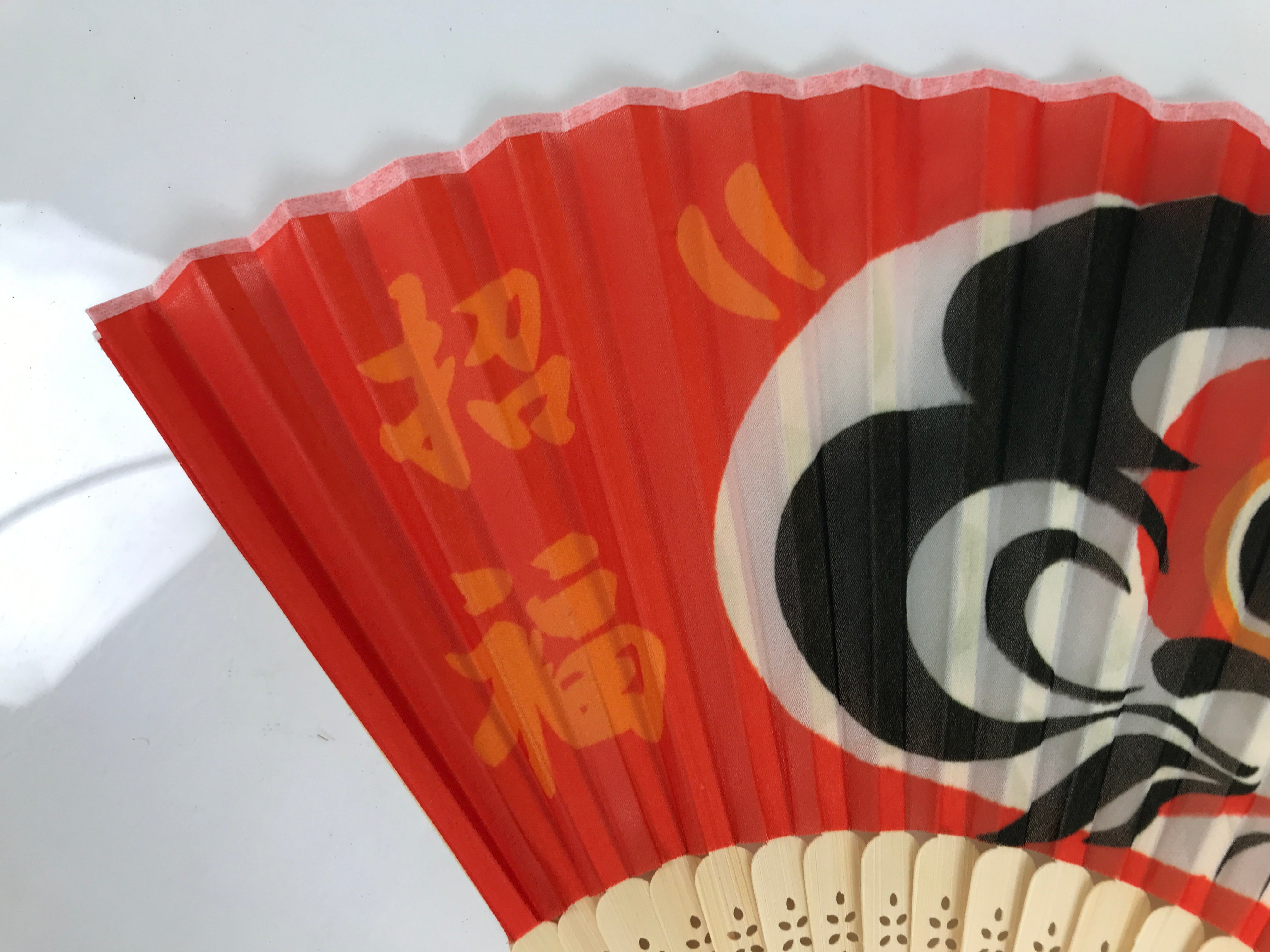 Japanese Fabric Folding Fan Sensu Vtg Bamboo Frame Red Daruma Good Luck 4D921