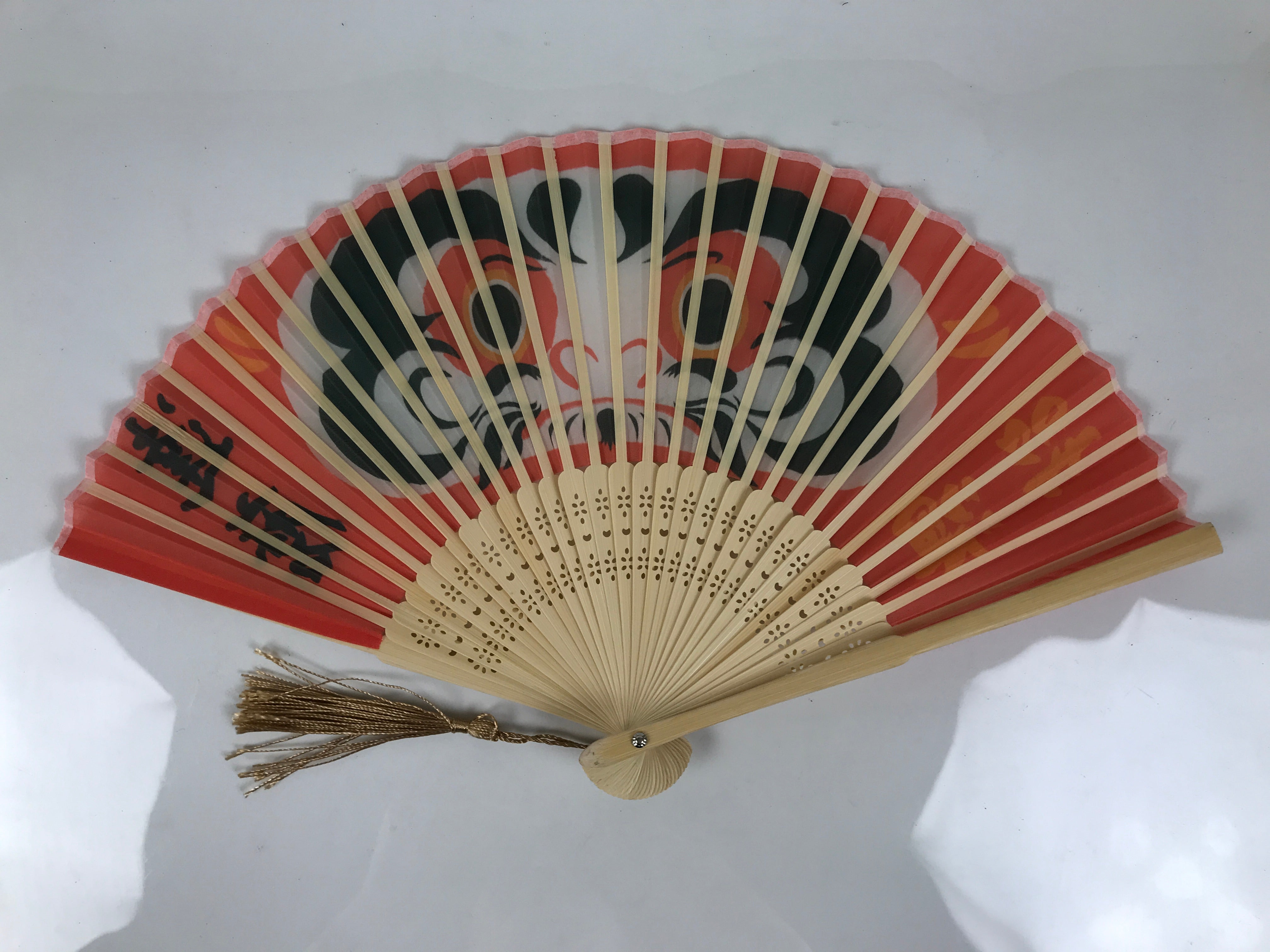 Japanese Fabric Folding Fan Sensu Vtg Bamboo Frame Red Daruma Good Luck 4D921