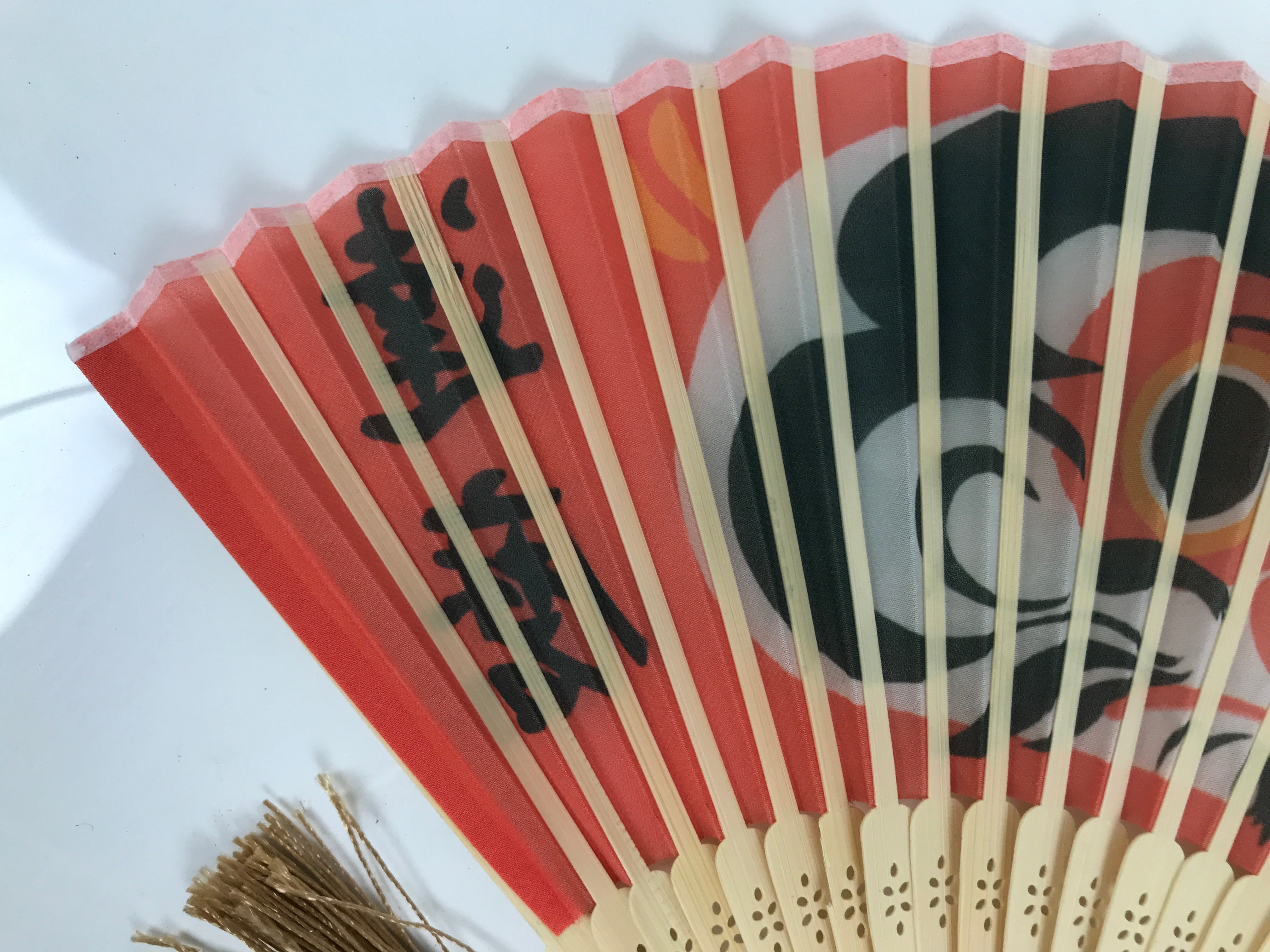 Japanese Fabric Folding Fan Sensu Vtg Bamboo Frame Red Daruma Good Luck 4D921
