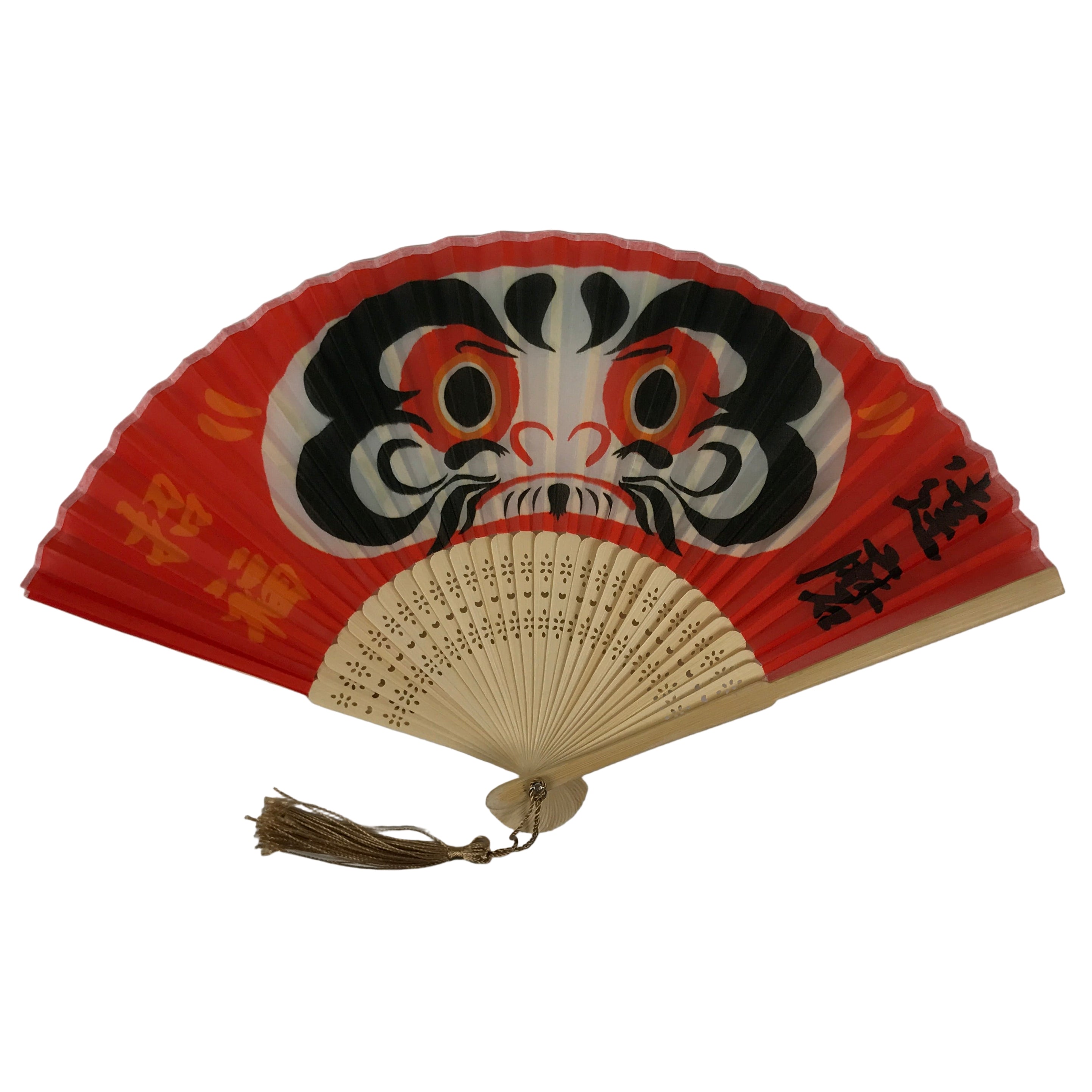Japanese Fabric Folding Fan Sensu Vtg Bamboo Frame Red Daruma Good Luck 4D921