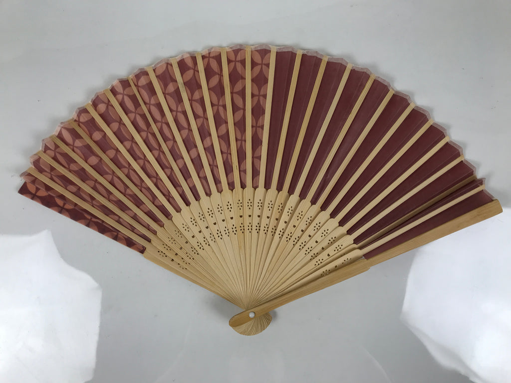 Japanese Fabric Folding Fan Sensu Vtg Bamboo Frame Red Traditional Shippo 4D916