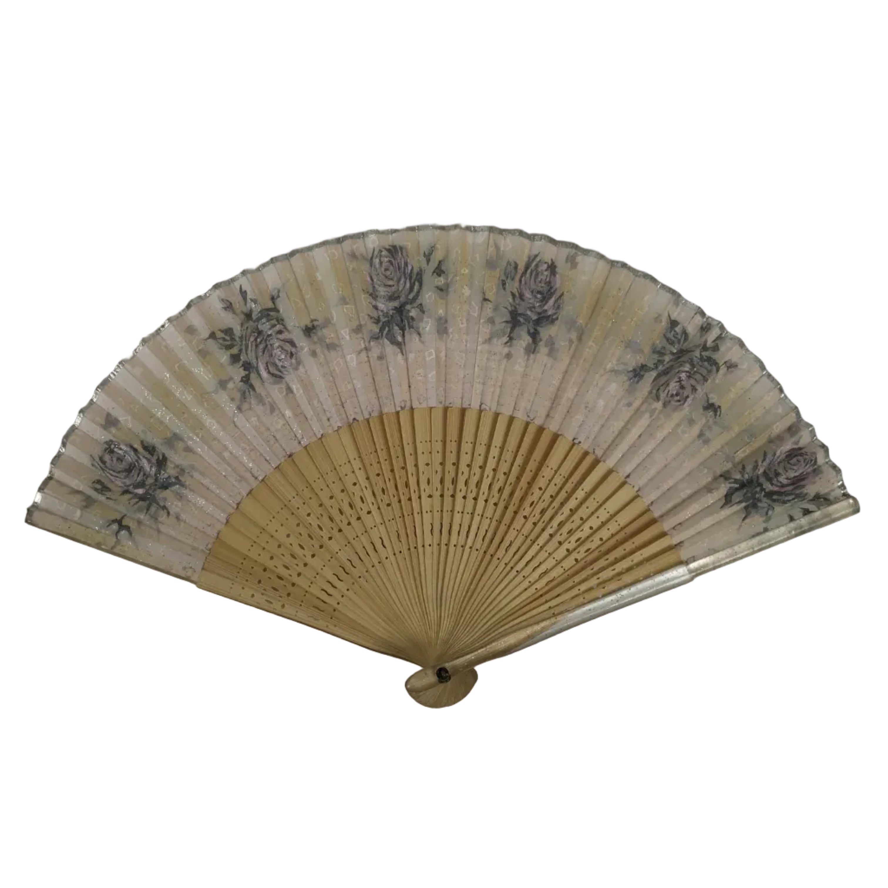 Japanese Fabric Folding Fan Sensu Vtg Bamboo Frame Roses Pastel Pink Bara 5D20