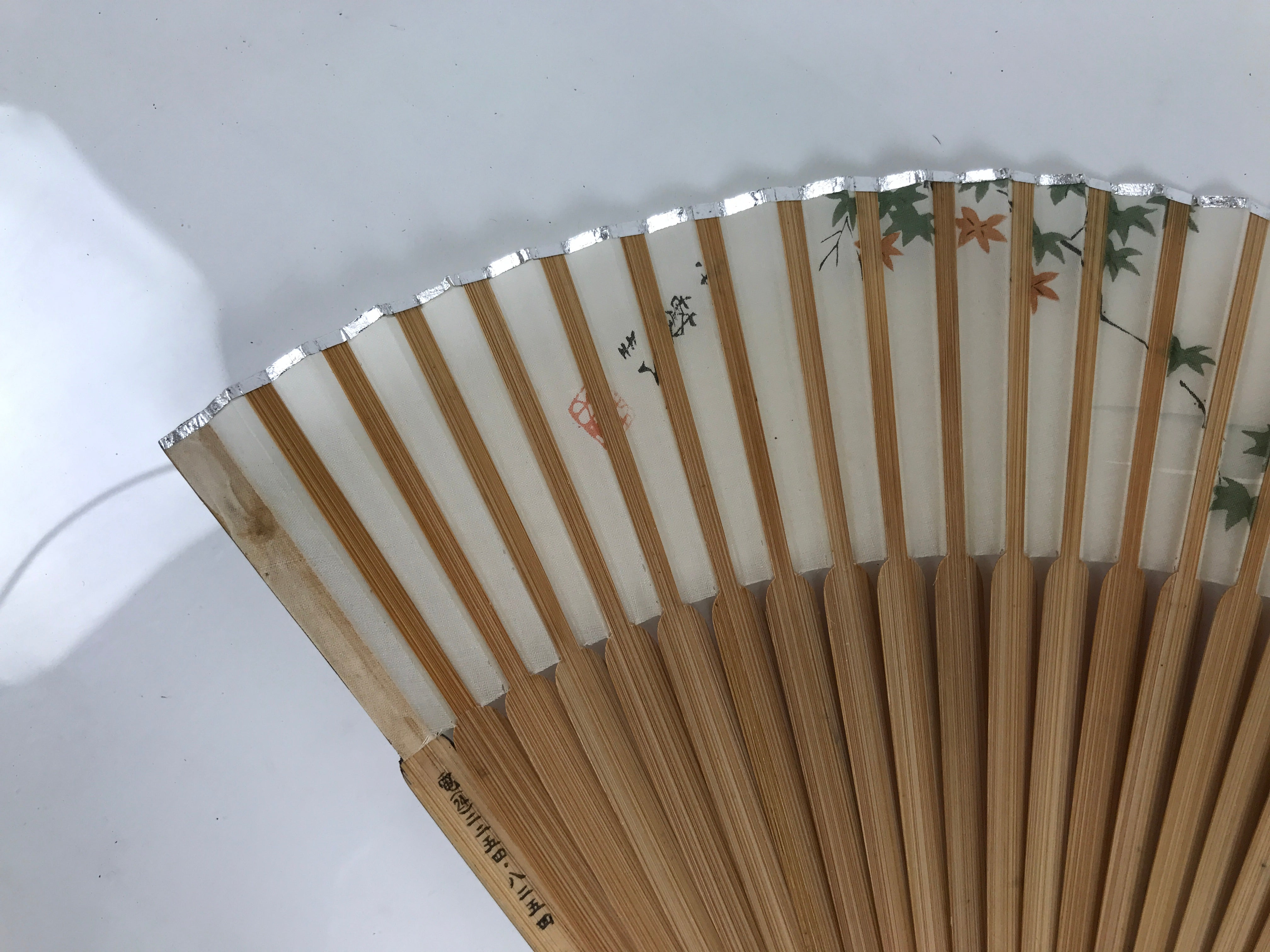 Japanese Fabric Folding Fan Sensu Vtg Bamboo Frame Small Fish Maple Leaf 4D917