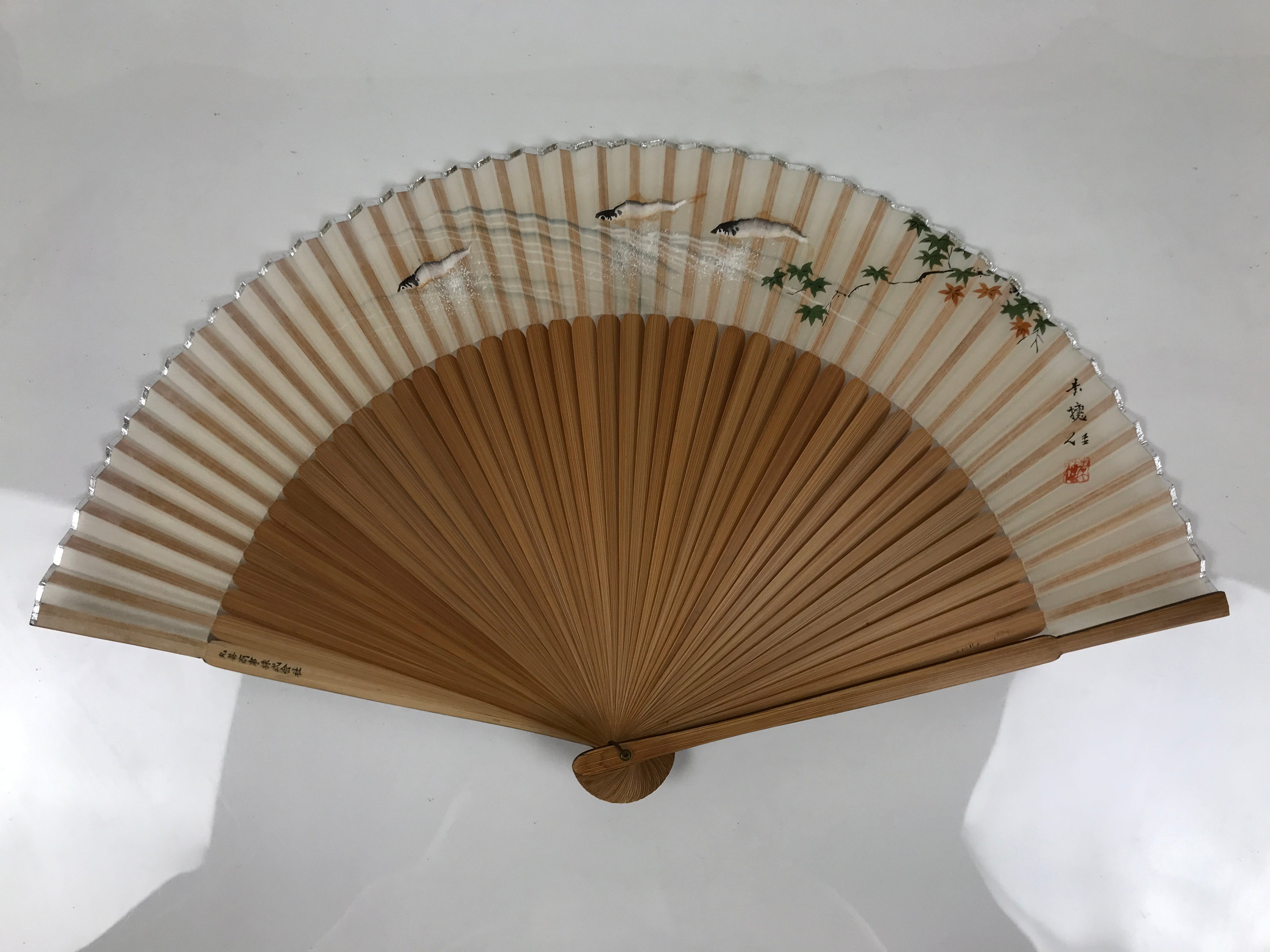 Japanese Fabric Folding Fan Sensu Vtg Bamboo Frame Small Fish Maple Leaf 4D917