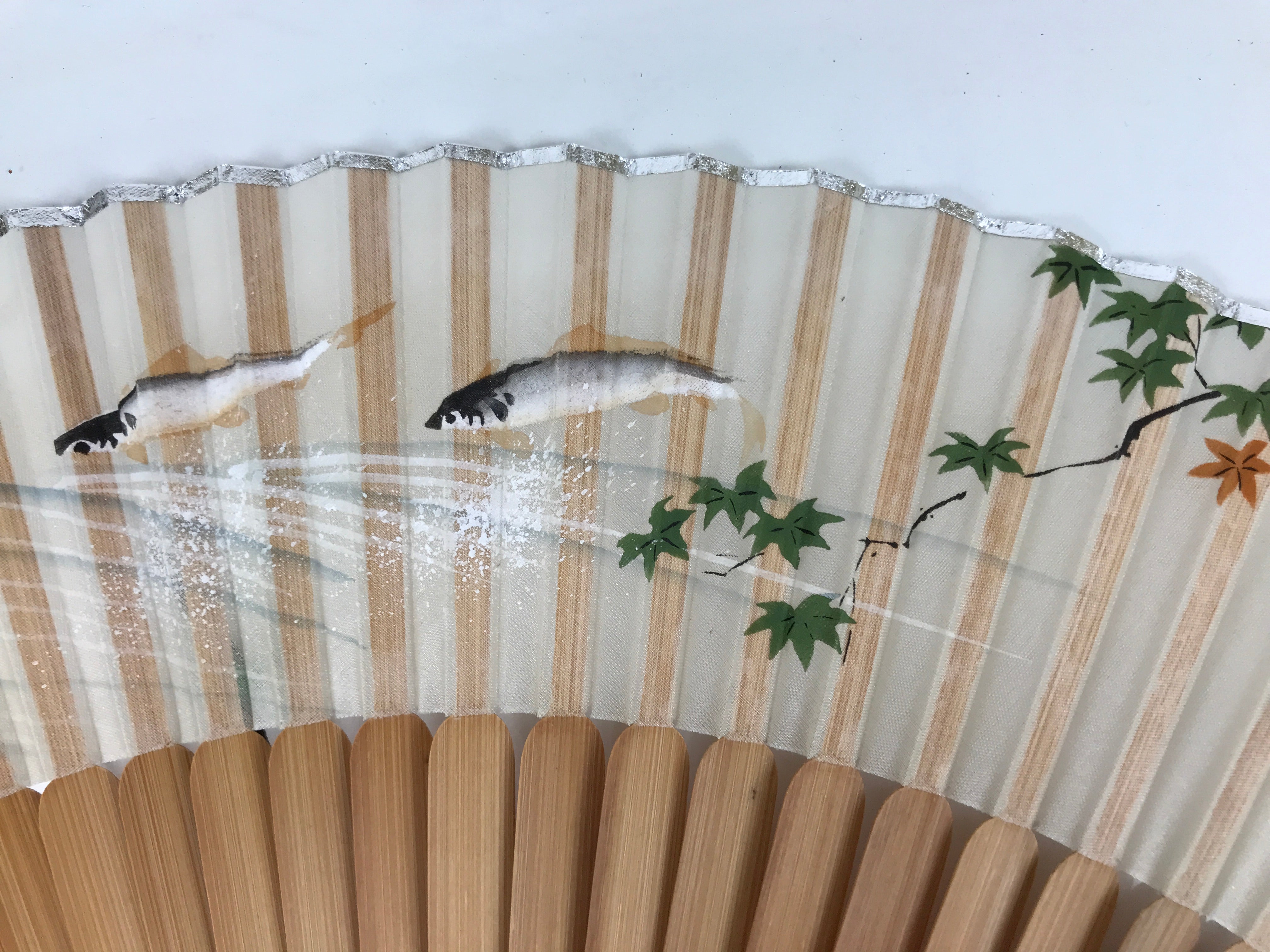 Japanese Fabric Folding Fan Sensu Vtg Bamboo Frame Small Fish Maple Leaf 4D917