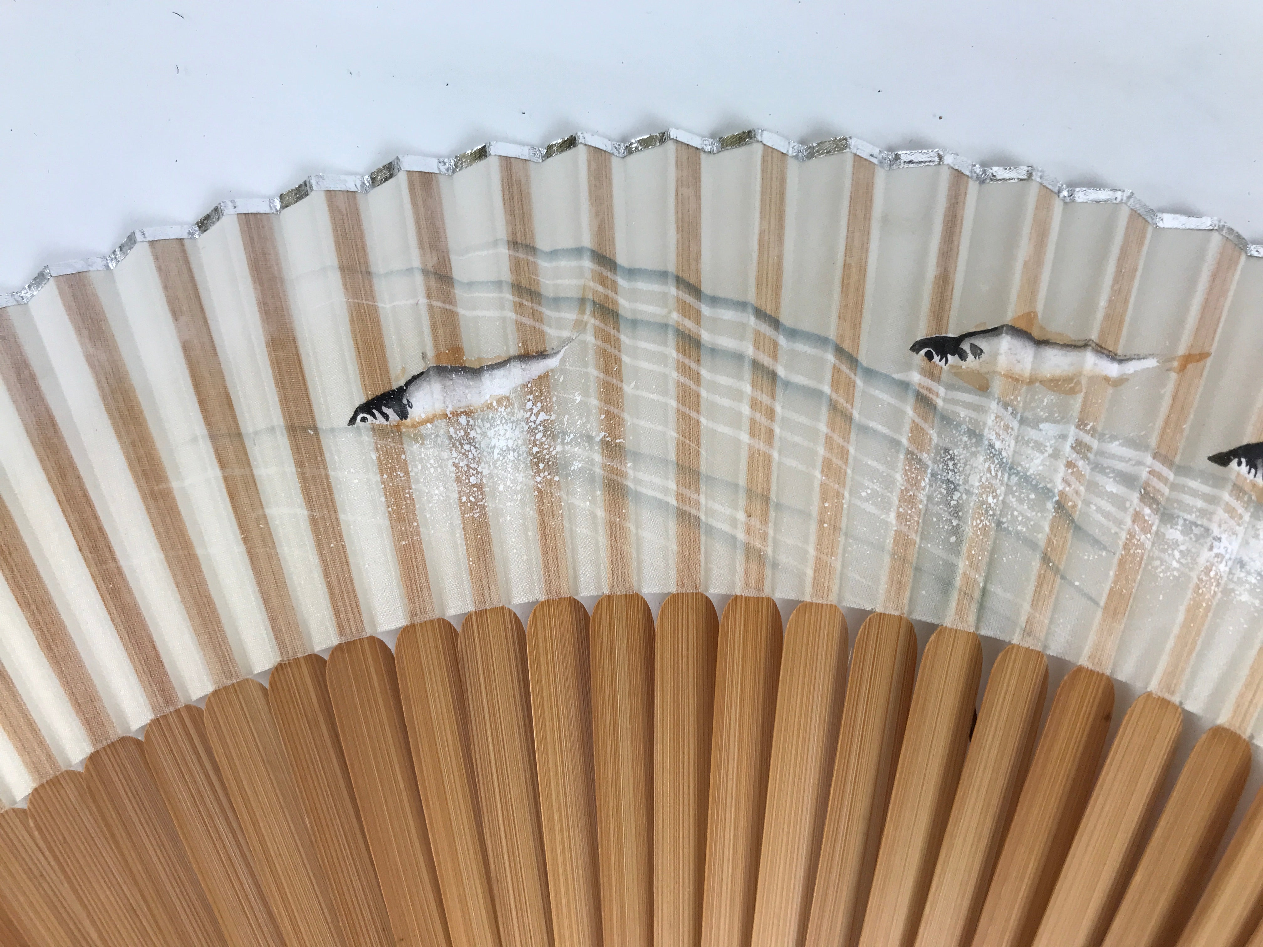 Japanese Fabric Folding Fan Sensu Vtg Bamboo Frame Small Fish Maple Leaf 4D917