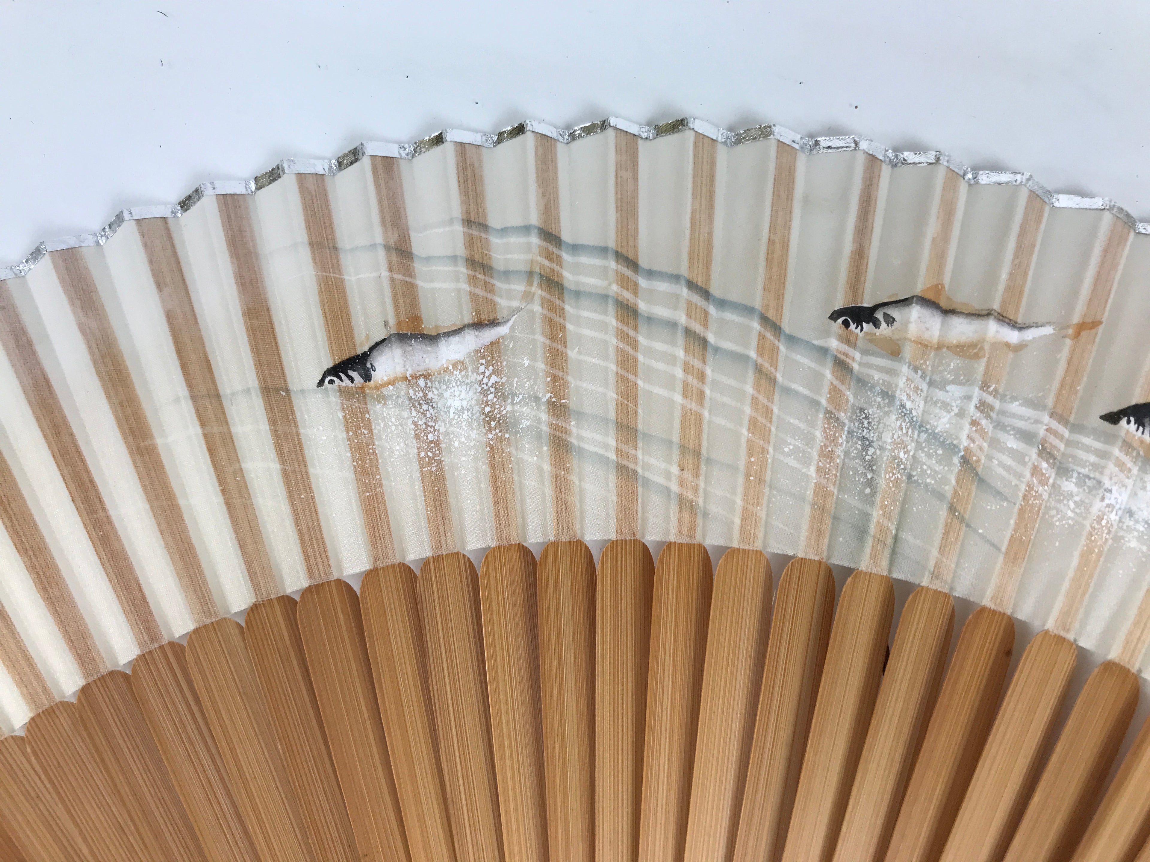 Japanese Fabric Folding Fan Sensu Vtg Bamboo Frame Small Fish Maple Leaf 4D917