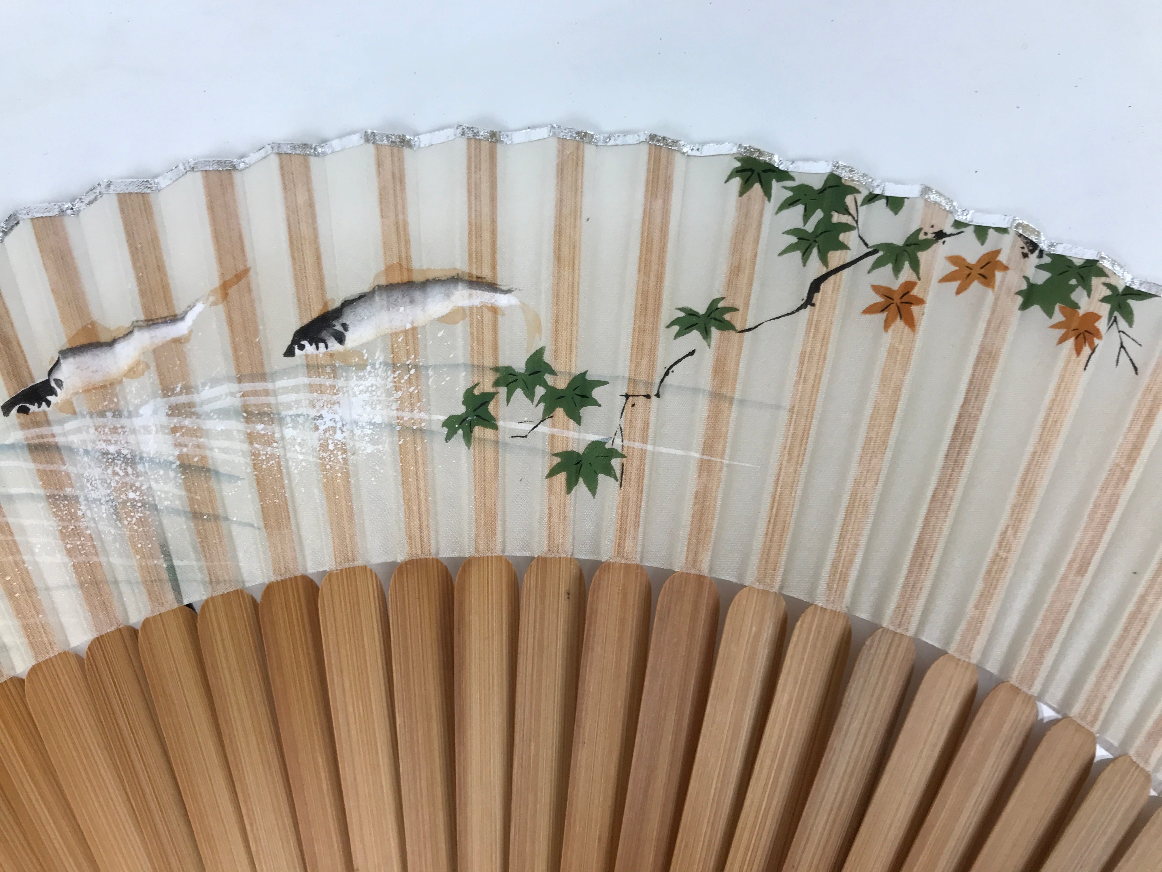 Japanese Fabric Folding Fan Sensu Vtg Bamboo Frame Small Fish Maple Leaf 4D917