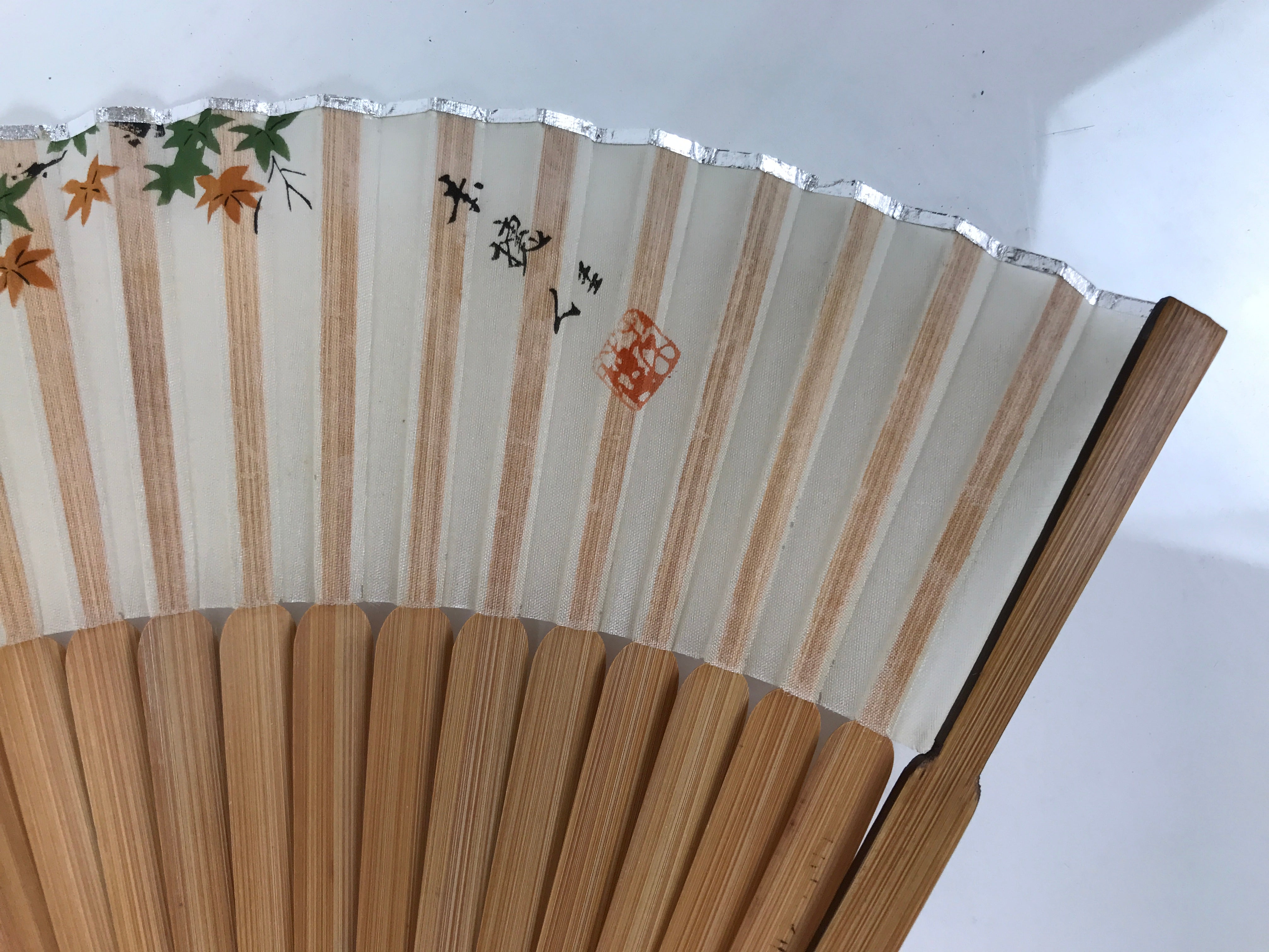 Japanese Fabric Folding Fan Sensu Vtg Bamboo Frame Small Fish Maple Leaf 4D917