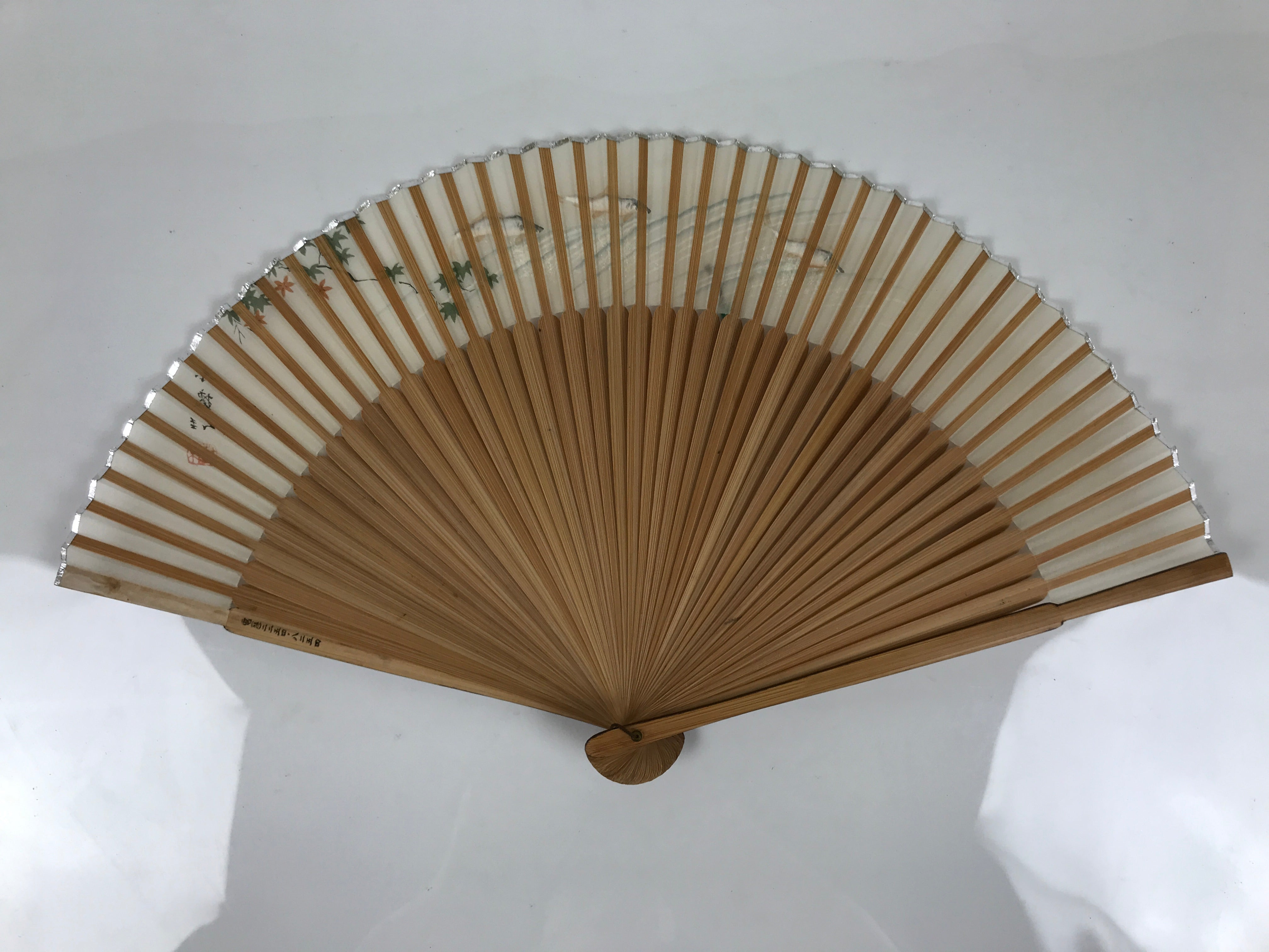 Japanese Fabric Folding Fan Sensu Vtg Bamboo Frame Small Fish Maple Leaf 4D917