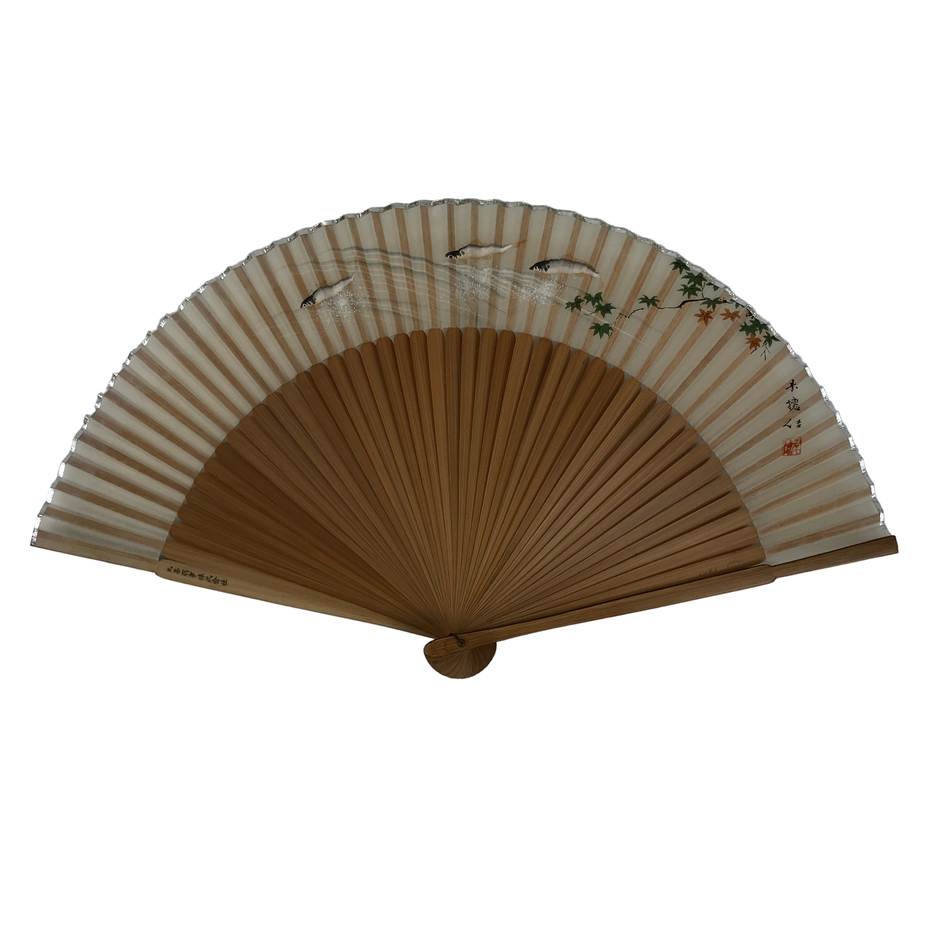 Japanese Fabric Folding Fan Sensu Vtg Bamboo Frame Small Fish Maple Leaf 4D917