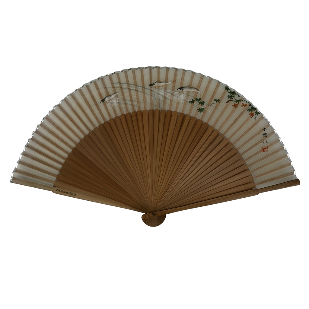 Japanese Fabric Folding Fan Sensu Vtg Bamboo Frame Small Fish Maple Leaf 4D917