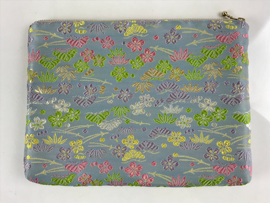 Japanese Fabric Pouch Vtg Light Blue Small Flowers Zipper Kimono Fukuro KB58