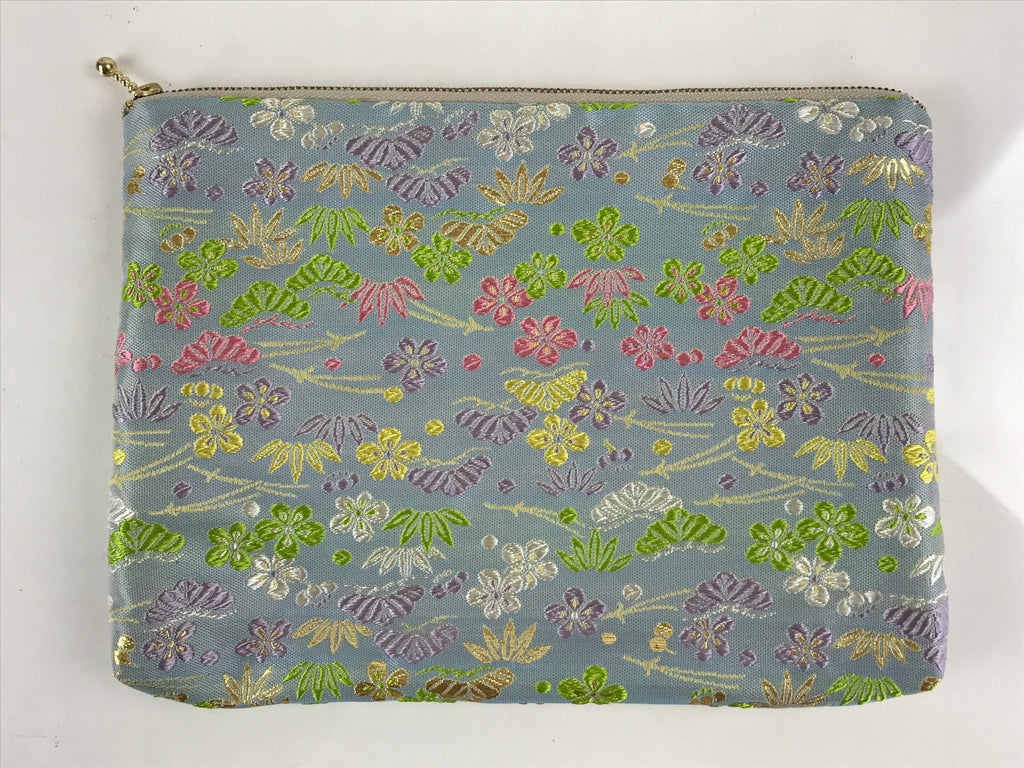 Japanese Fabric Pouch Vtg Light Blue Small Flowers Zipper Kimono Fukuro KB58