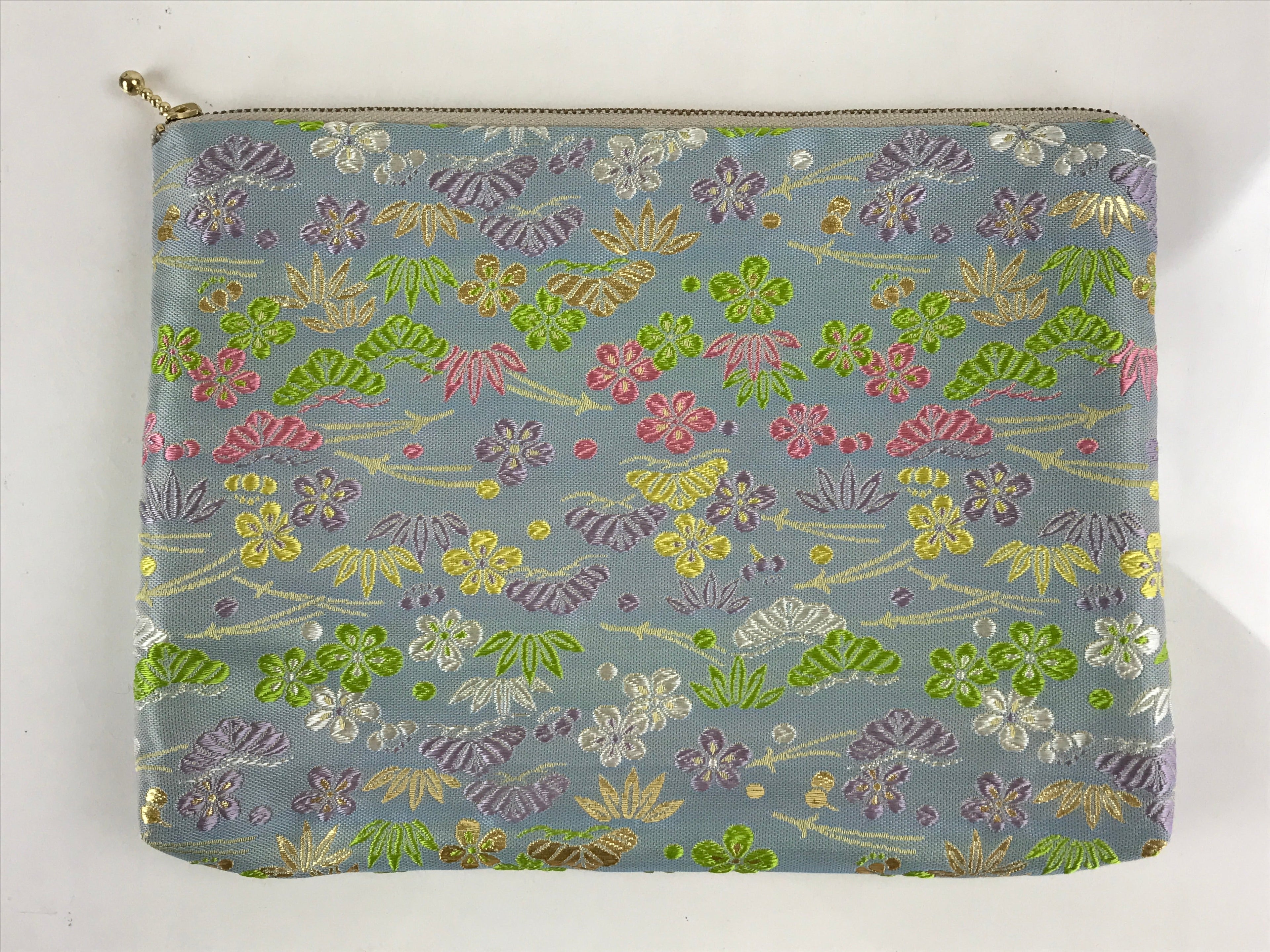 Japanese Fabric Pouch Vtg Light Blue Small Flowers Zipper Kimono Fukuro KB58