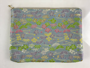 Japanese Fabric Pouch Vtg Light Blue Small Flowers Zipper Kimono Fukuro KB58