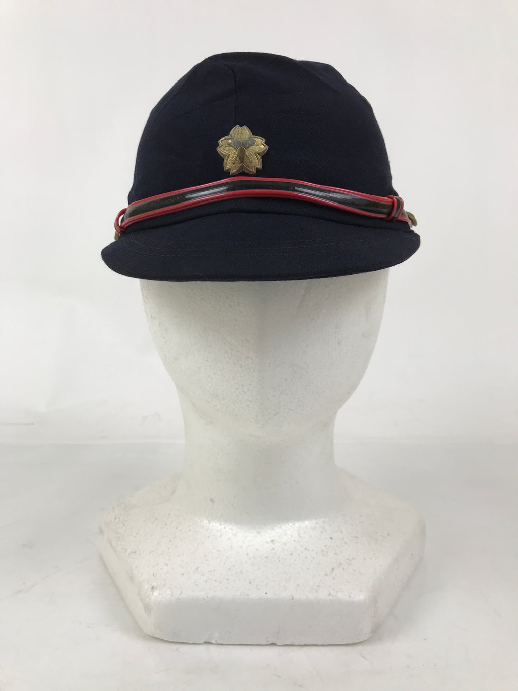 Japanese Firefighter Uniform Hat Vtg Fire Brigade Cap Blue Metal Sakura Pin MK10