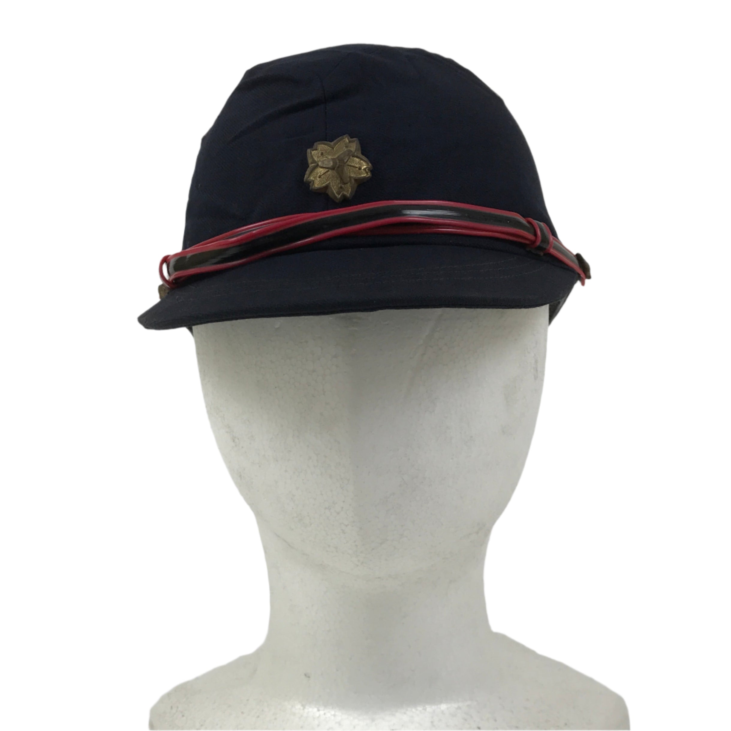 Japanese Firefighter Uniform Hat Vtg Fire Brigade Cap Blue Metal Sakura Pin MK13
