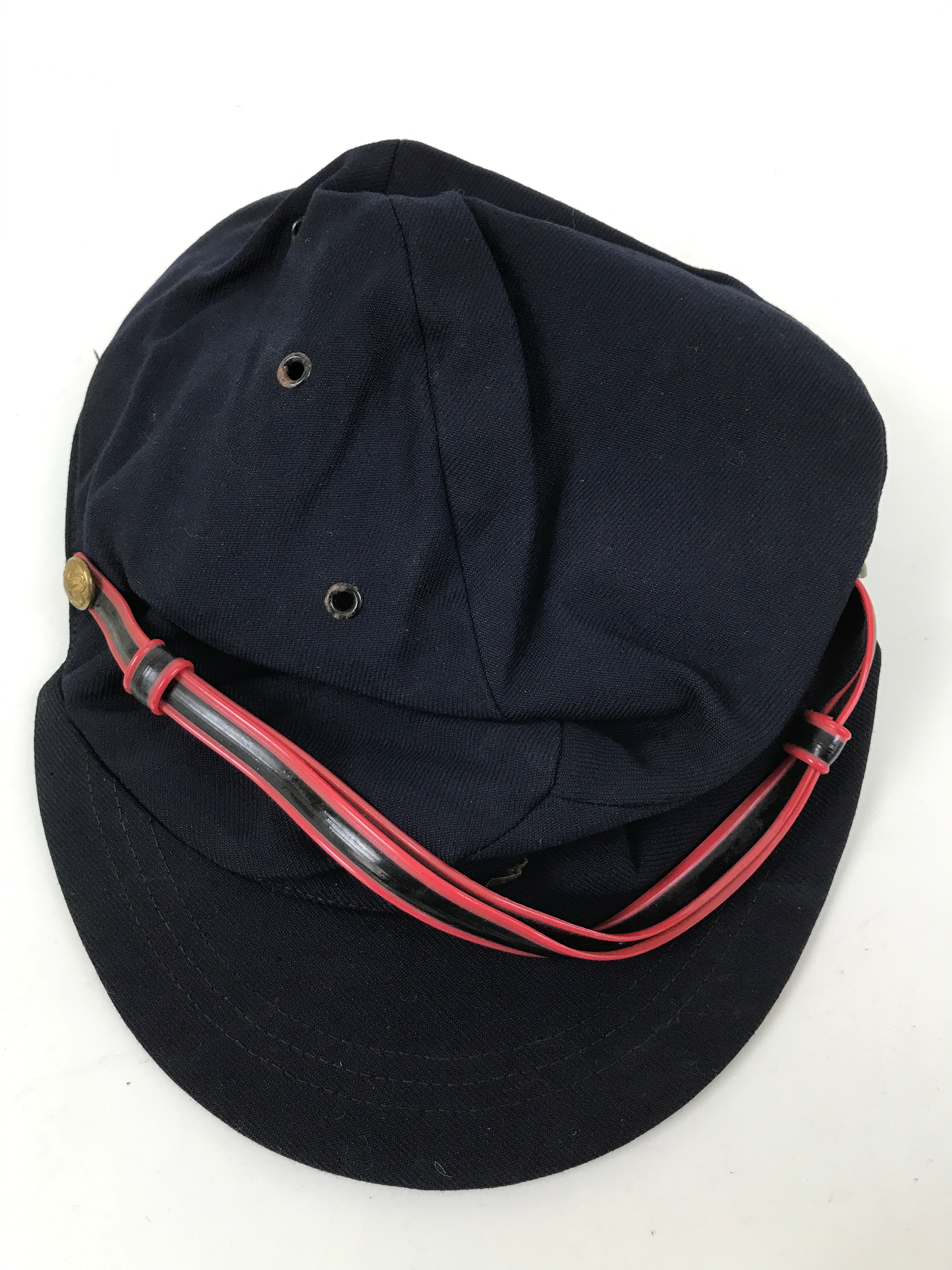 Japanese Firefighter Uniform Hat Vtg Fire Brigade Cap Blue Metal Sakura Pin MK15