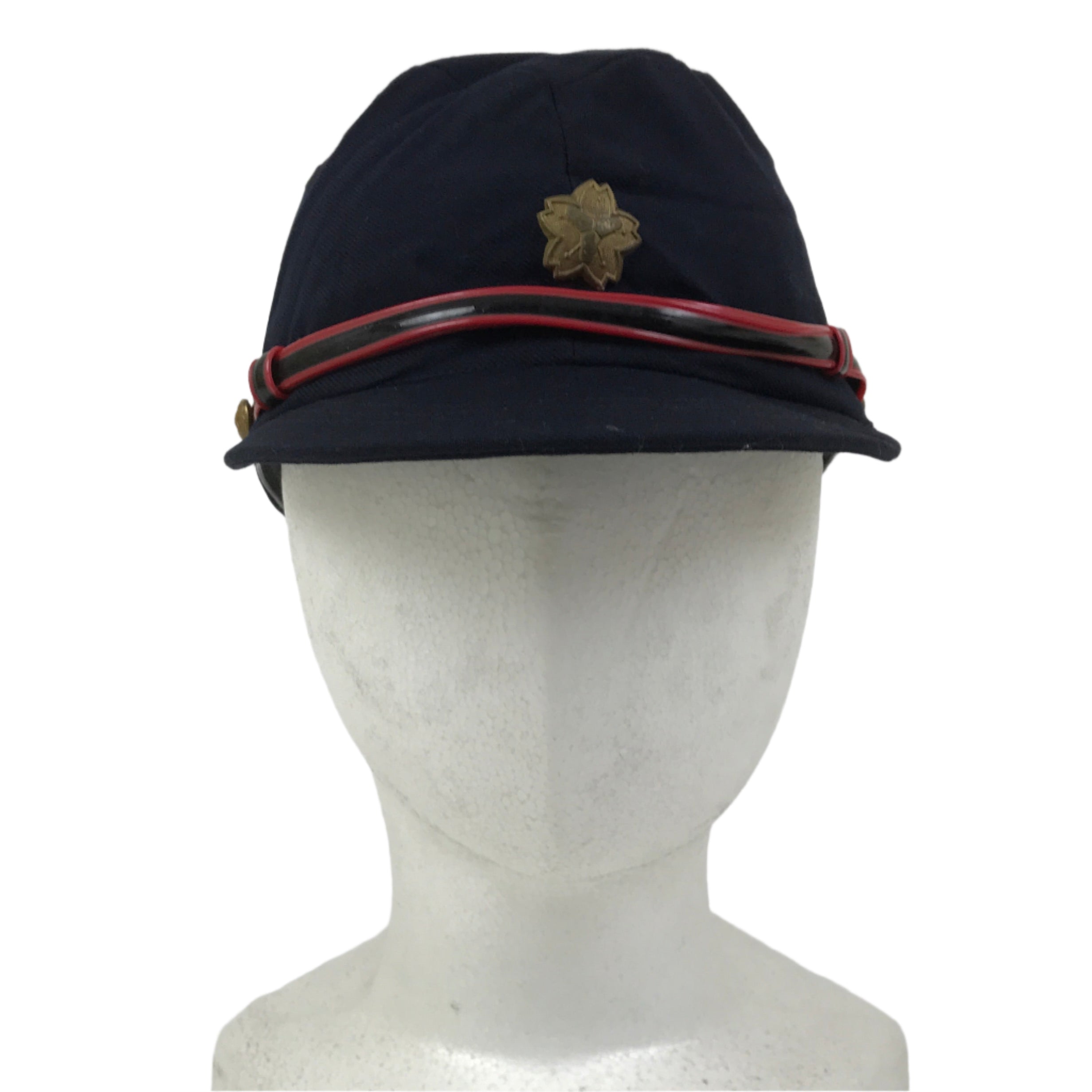 Japanese Firefighter Uniform Hat Vtg Fire Brigade Cap Blue Metal Sakura Pin MK15
