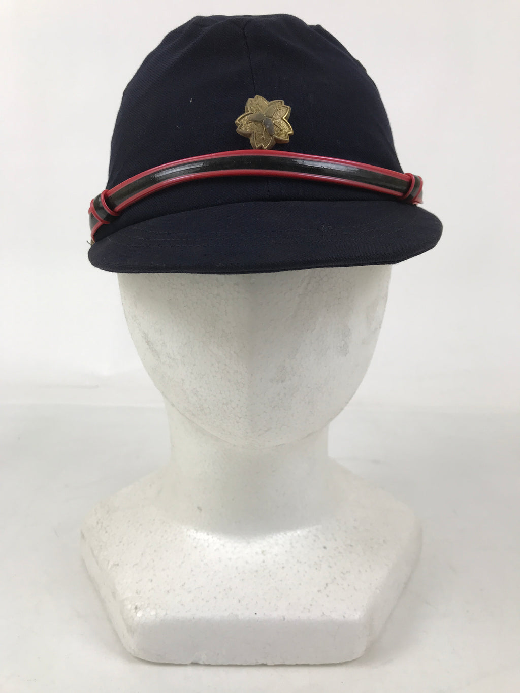 Japanese Firefighter Uniform Hat Vtg Fire Brigade Cap Blue Metal Sakura Pin MK16
