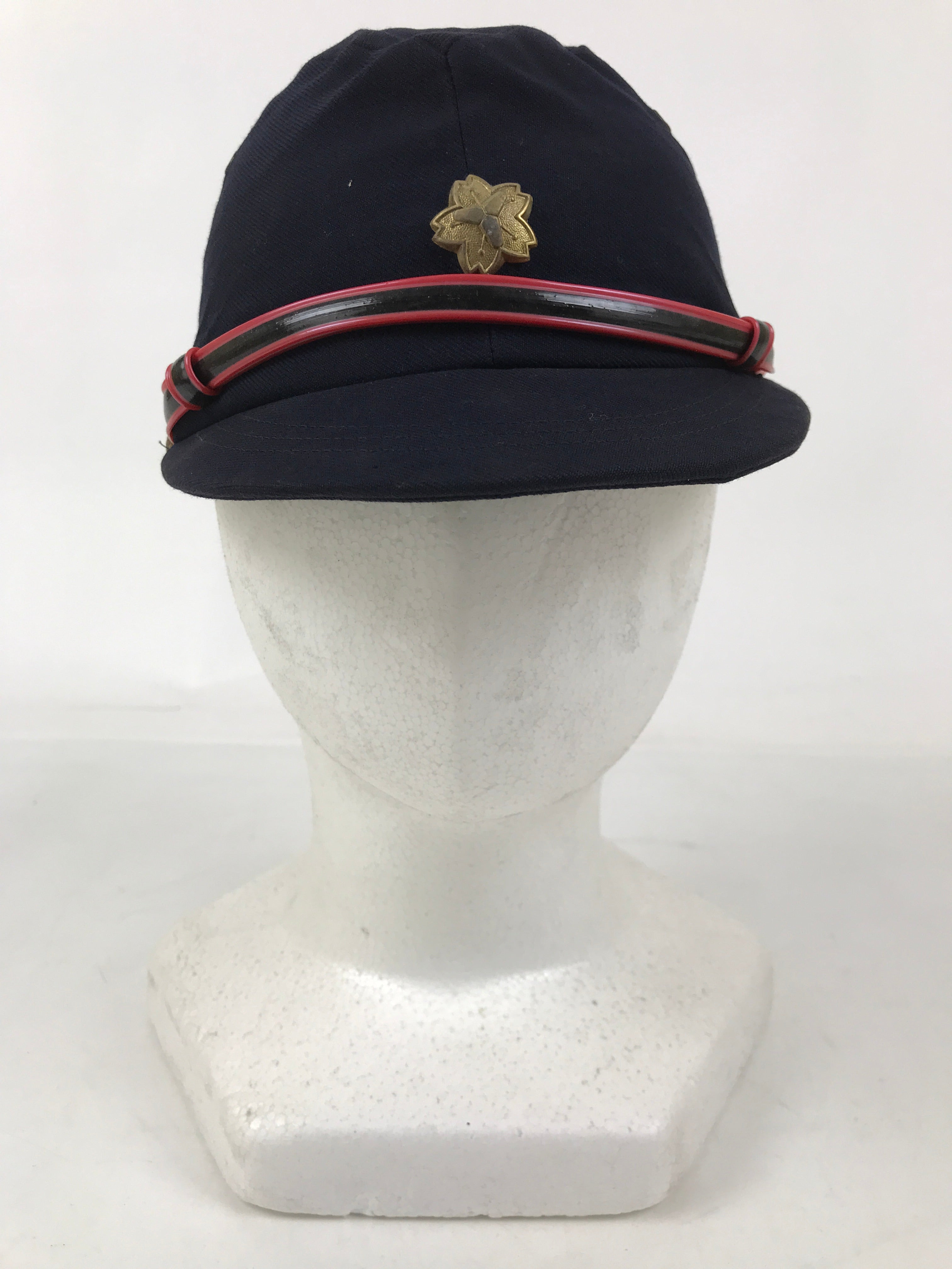 Japanese Firefighter Uniform Hat Vtg Fire Brigade Cap Blue Metal Sakura Pin MK16