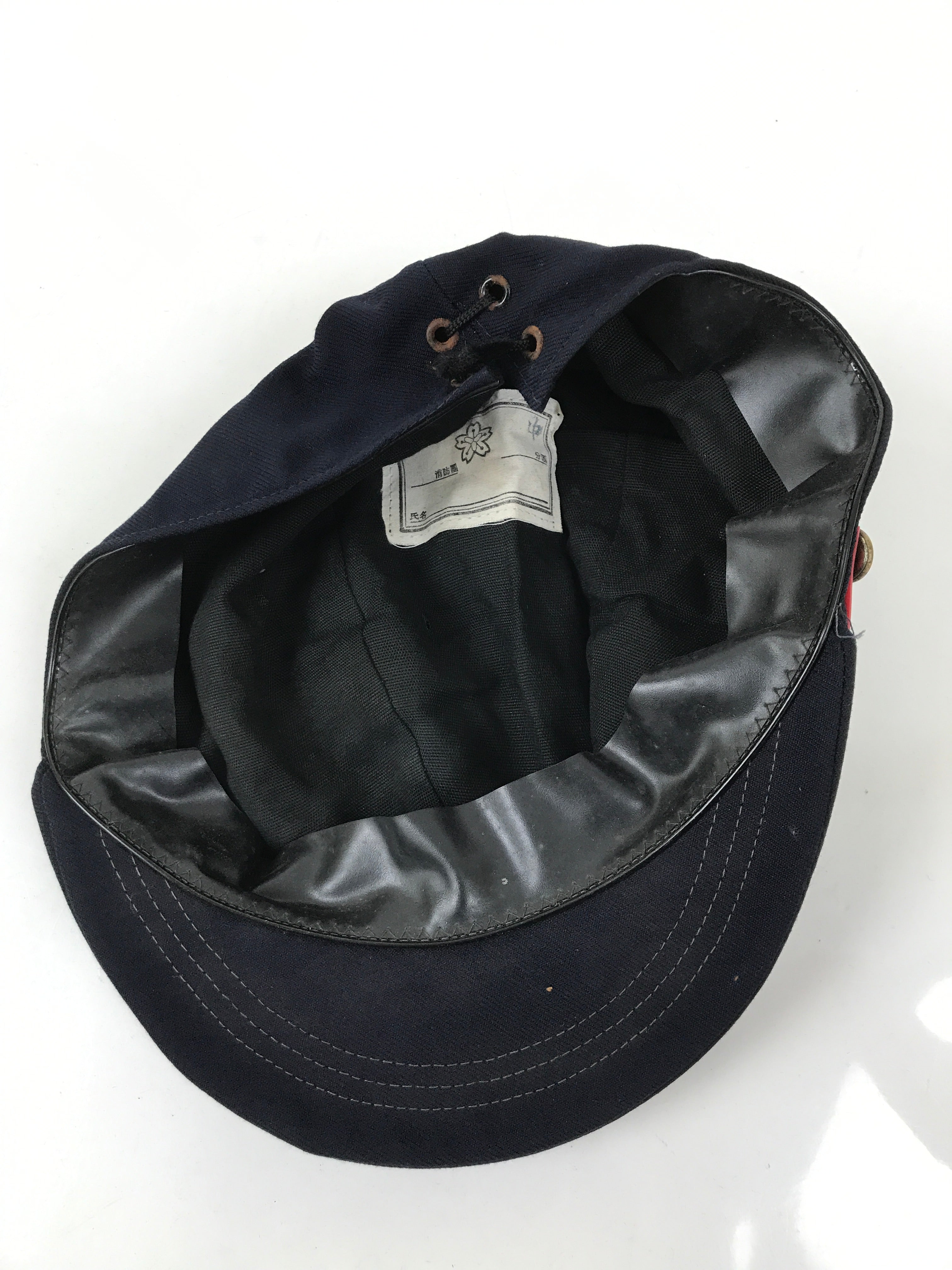 Japanese Firefighter Uniform Hat Vtg Fire Brigade Cap Blue Metal Sakura Pin MK16
