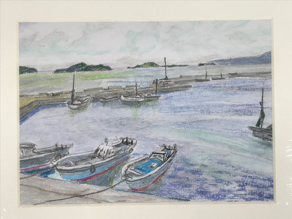 Japanese Fishing Village Marina Pastel Drawing Original Art Unsigned FL308