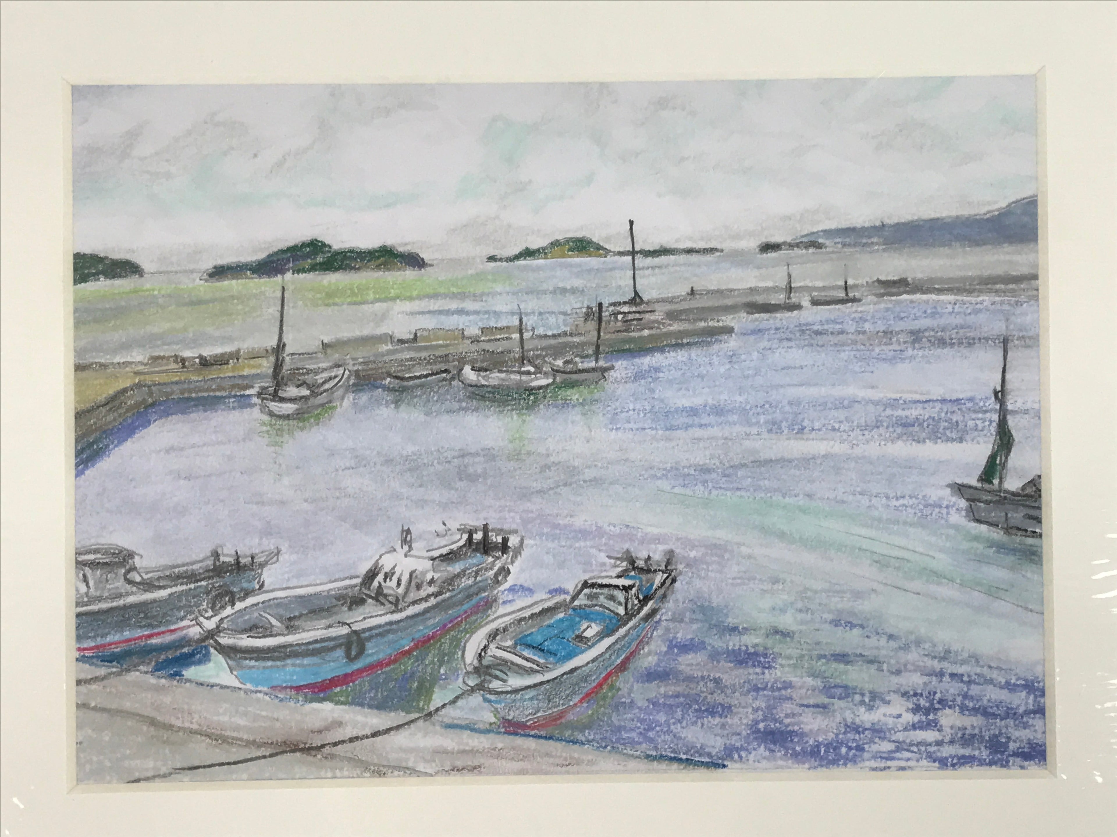 Japanese Fishing Village Marina Pastel Drawing Original Art Unsigned FL308
