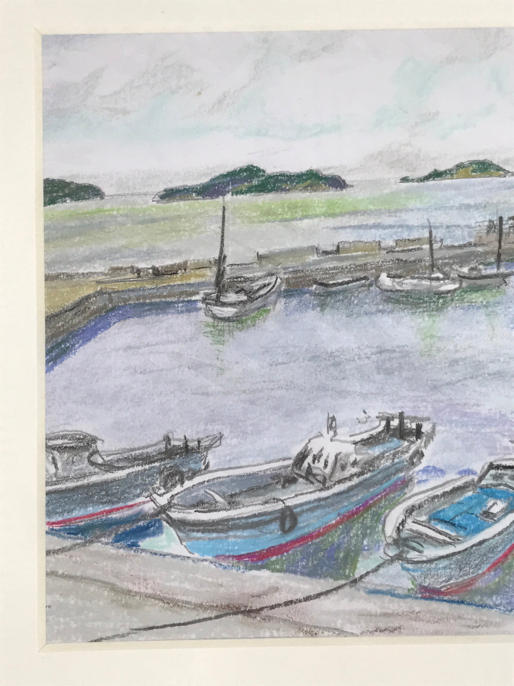 Japanese Fishing Village Marina Pastel Drawing Original Art Unsigned FL308
