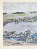 Japanese Fishing Village Marina Pastel Drawing Original Art Unsigned FL308