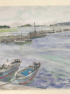 Japanese Fishing Village Marina Pastel Drawing Original Art Unsigned FL308
