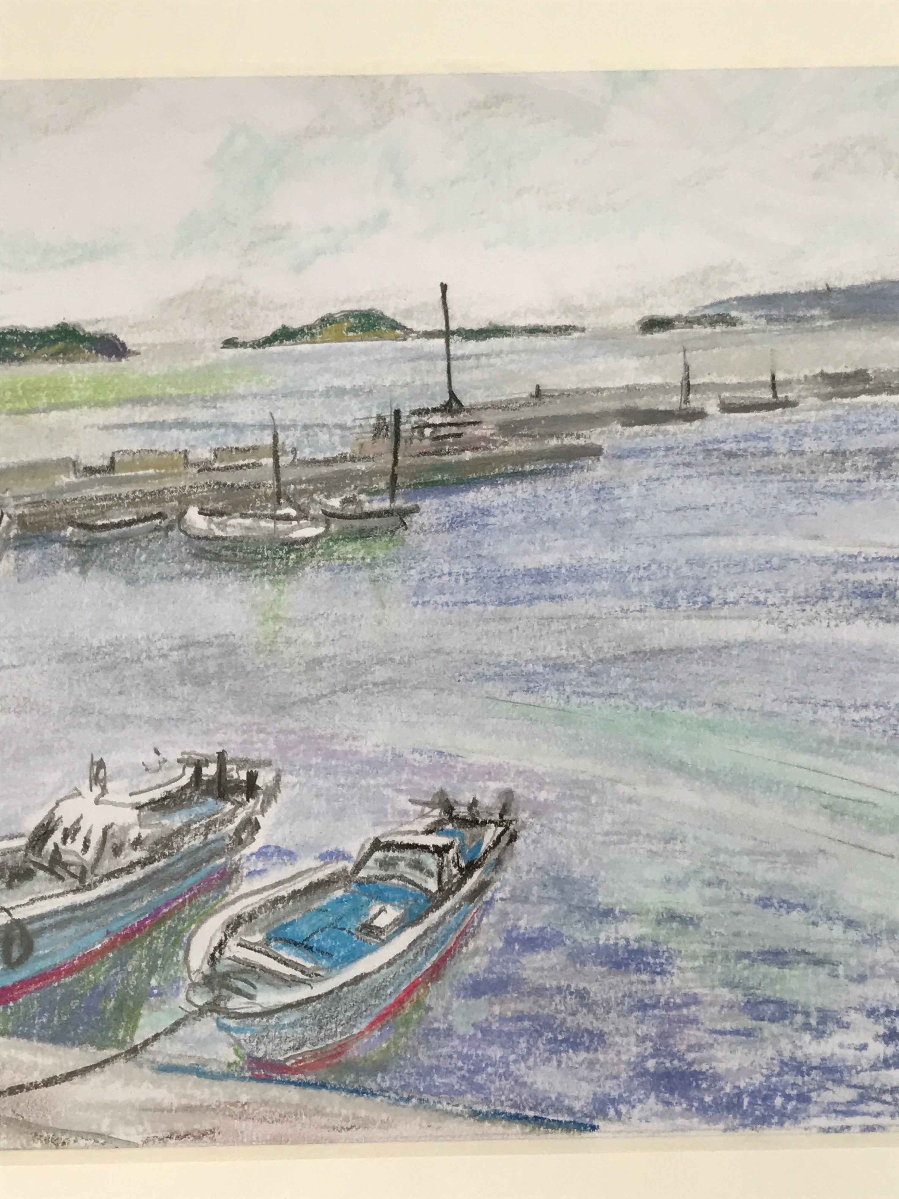 Japanese Fishing Village Marina Pastel Drawing Original Art Unsigned FL308