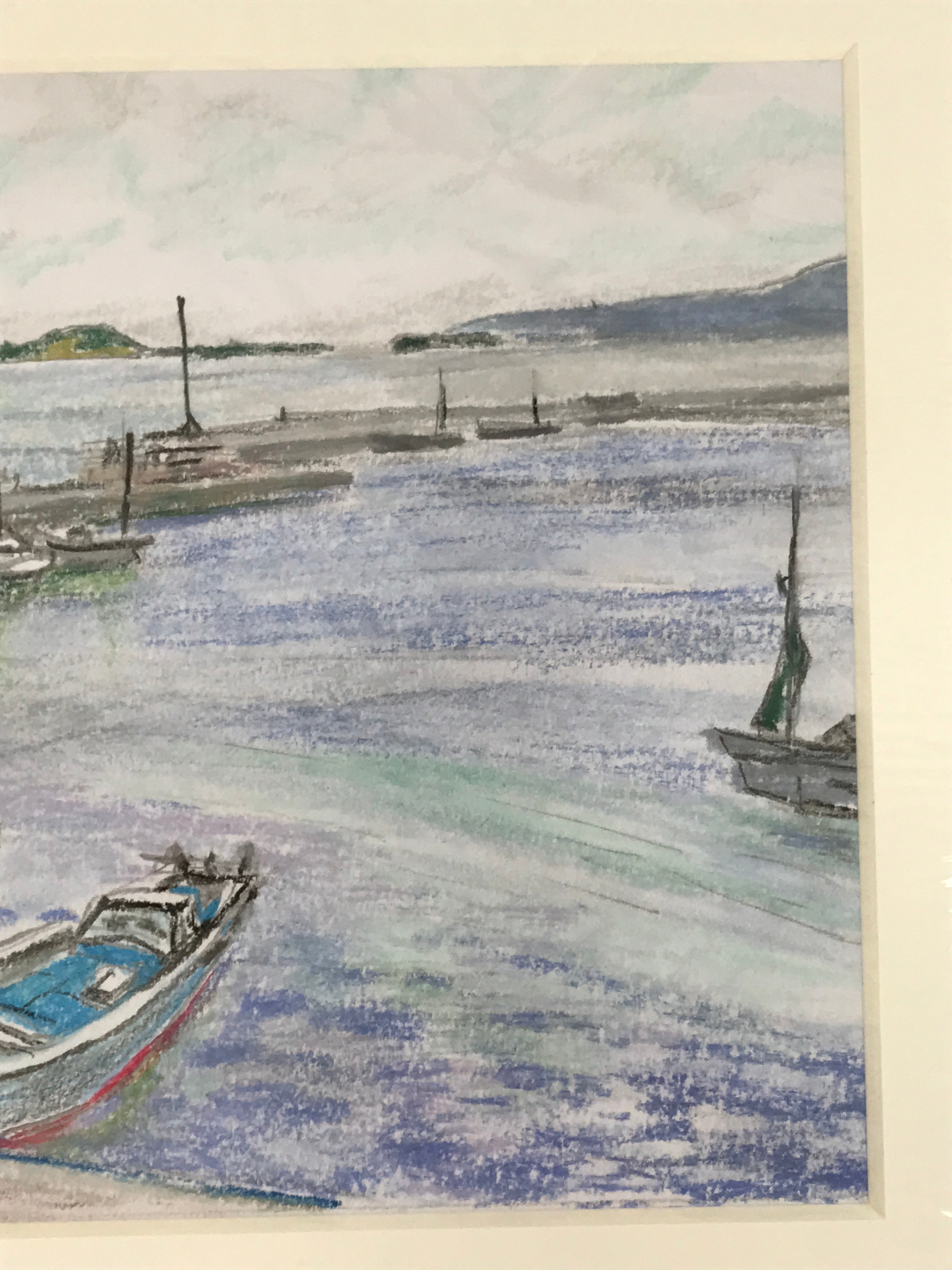 Japanese Fishing Village Marina Pastel Drawing Original Art Unsigned FL308