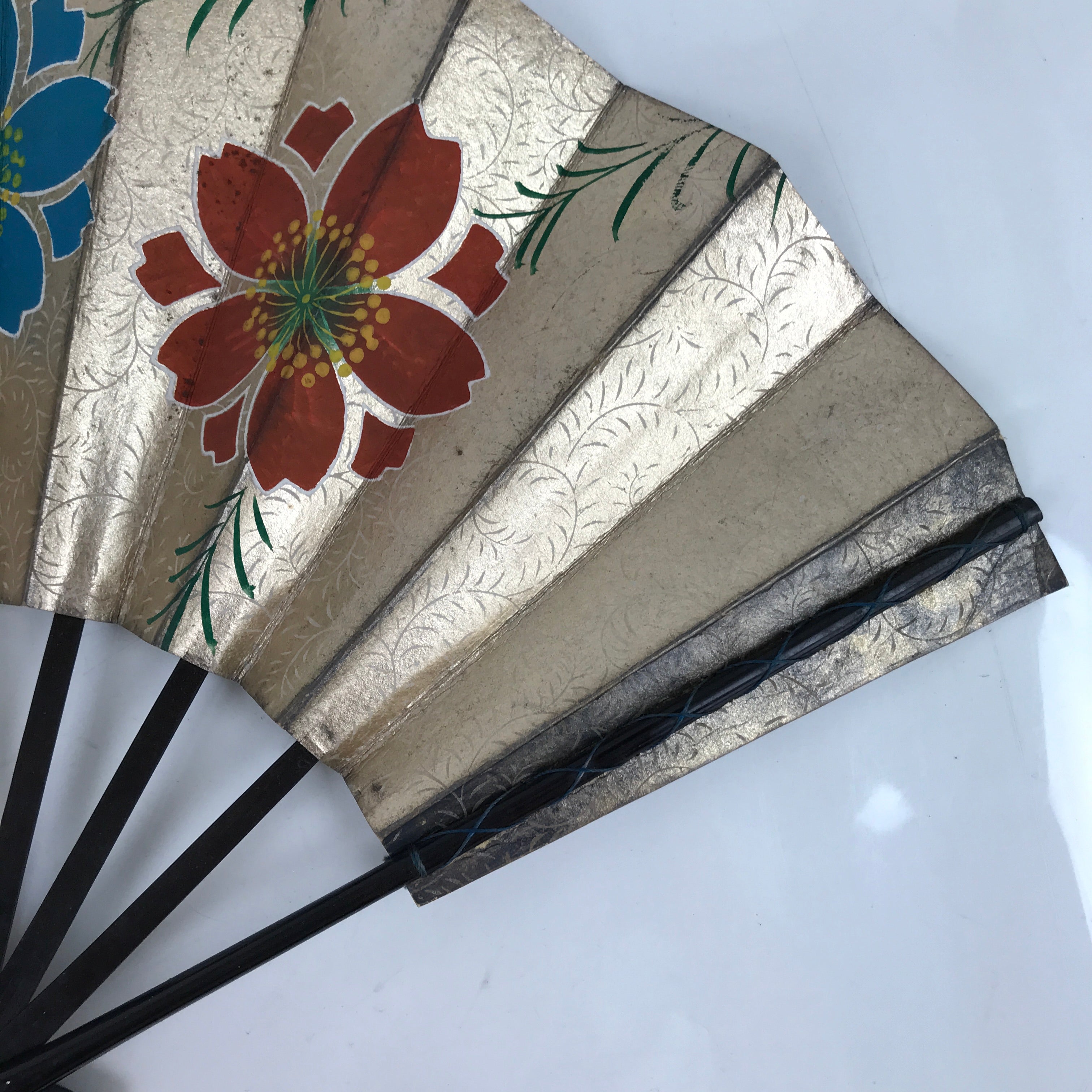 Japanese Folding Fan Maisen Sensu Vtg Bamboo Frame Cherry Blossom Gold 4D834