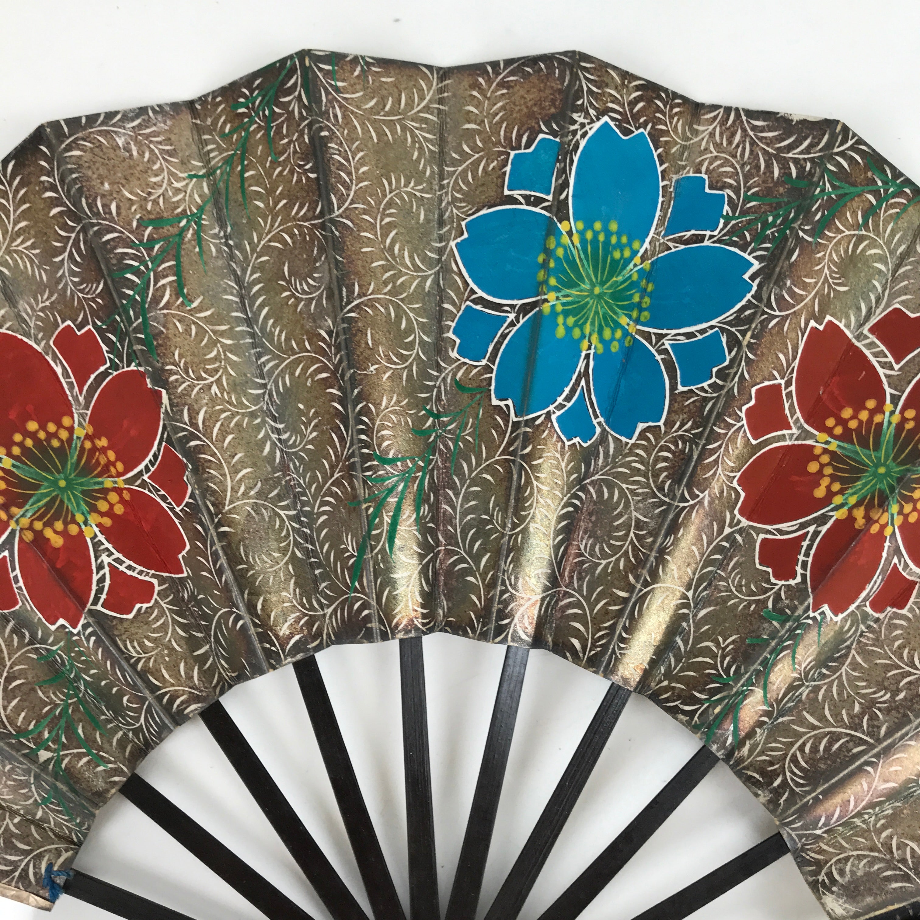 Japanese Folding Fan Maisen Sensu Vtg Bamboo Frame Cherry Blossom Gold 4D834