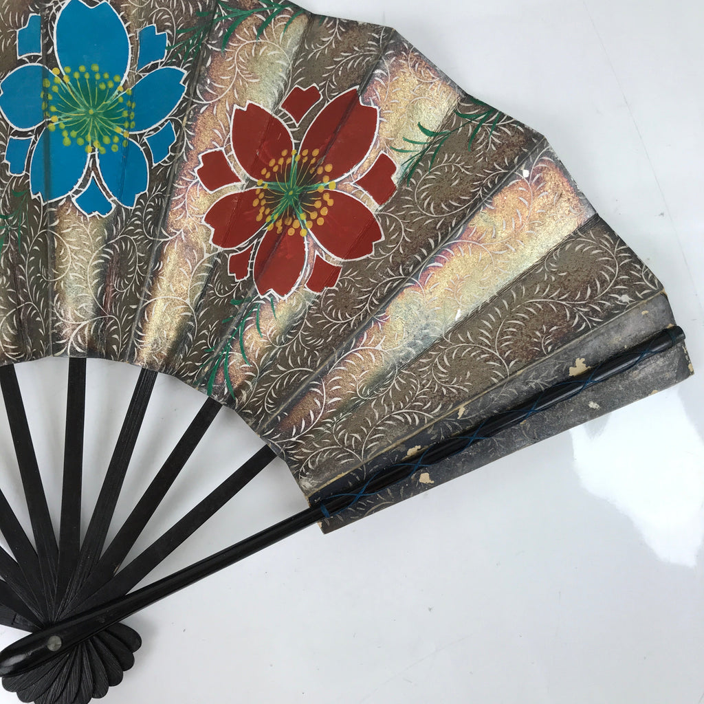 Japanese Folding Fan Maisen Sensu Vtg Bamboo Frame Cherry Blossom Gold 4D834